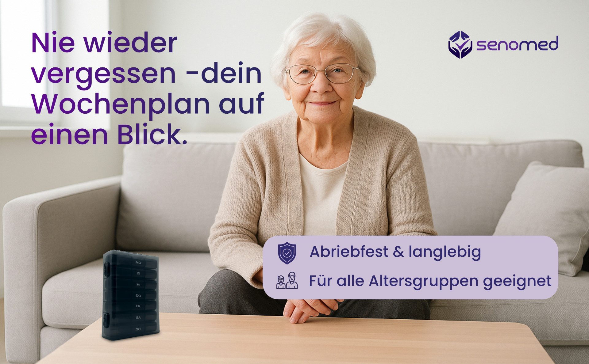 Senomed Pillendose Tablettenbox mit 3 Fächern pro Tag – Wochendosierer schwarz, Spülmaschinengeeignet bis 50 °C