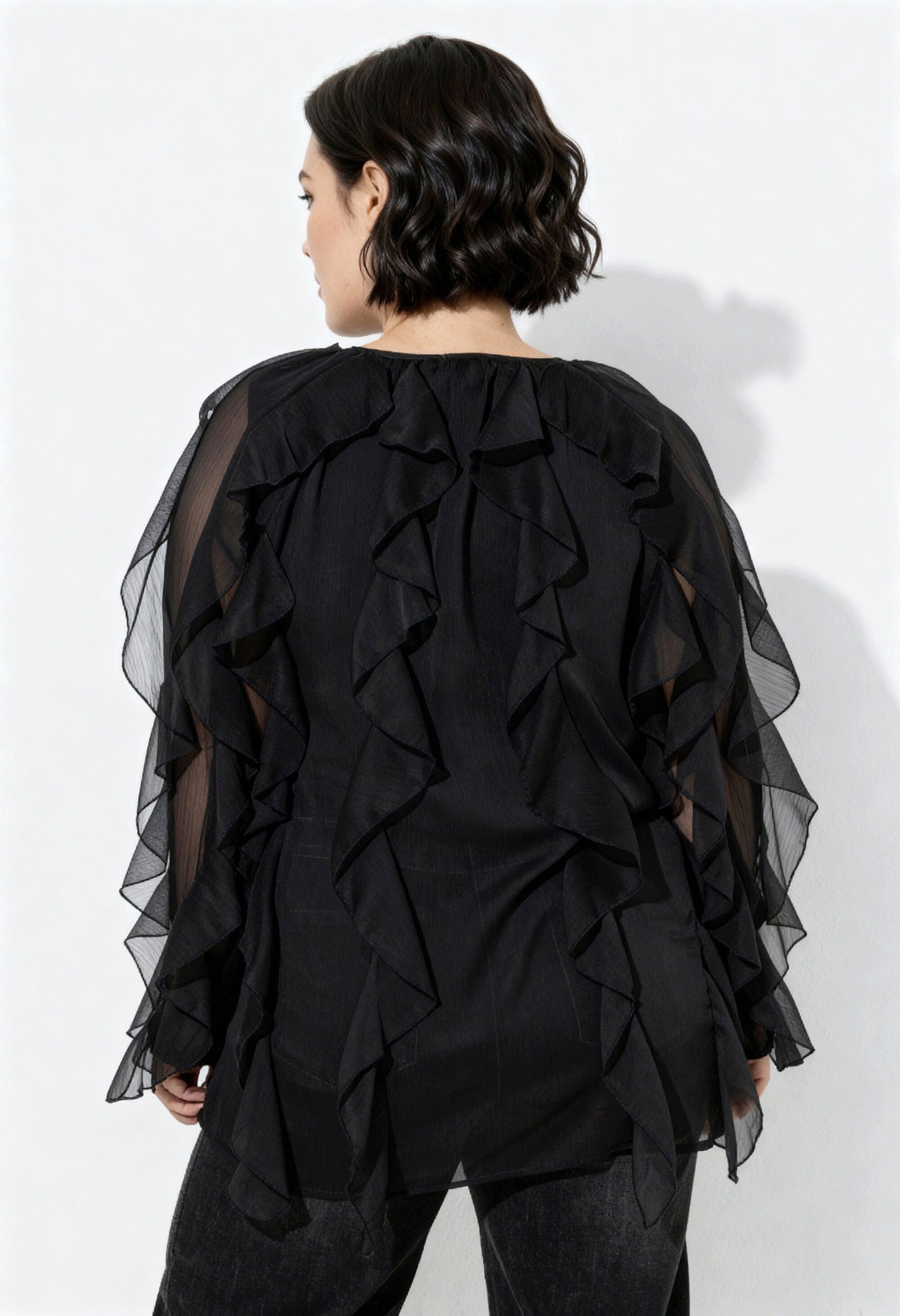 Ulla Popken Longbluse Bluse Volants A-Linie V-Ausschnitt Langarm