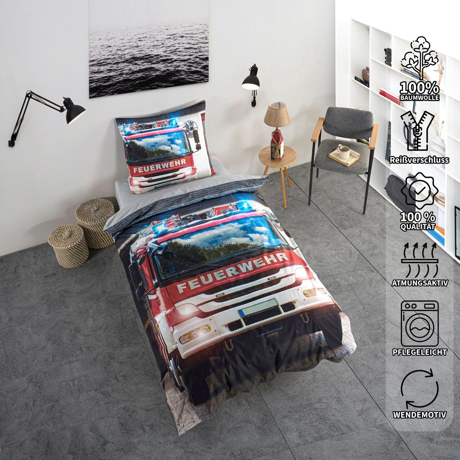 KK Shopping Kinderbettwäsche Bettwäsche Feuerwehr Auto 80 x 80 und 135 x 20 günstig online kaufen