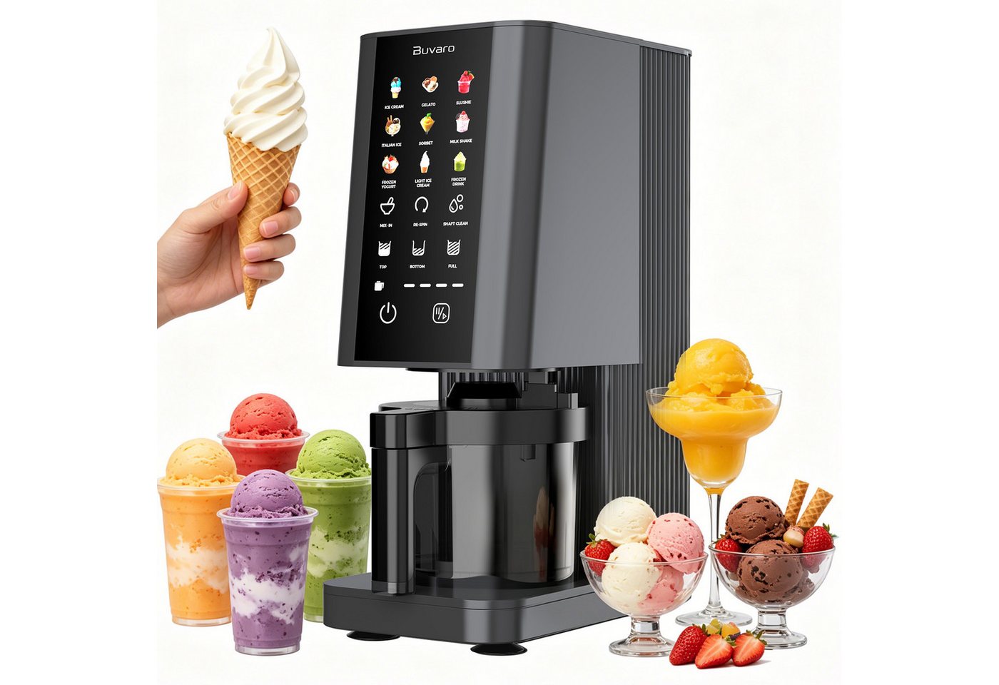 BUVARO Eismaschine Dessertmaschine, 9 Programmen, mit 3×430ML Behältern, 0,43 l, 700 W, mit Mix-In-Funktion,für Eiscreme, Gelato, Sorbet, Milchshakes und mehr