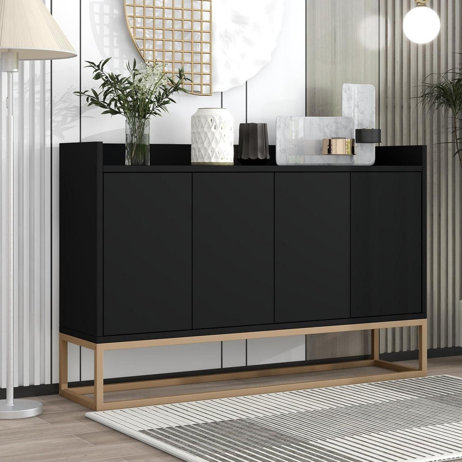 LuxusKollektion Sideboard Sideboard Aufbewahrung Metallbeine Regale 120x30x80cm Schwarz 4 Türen