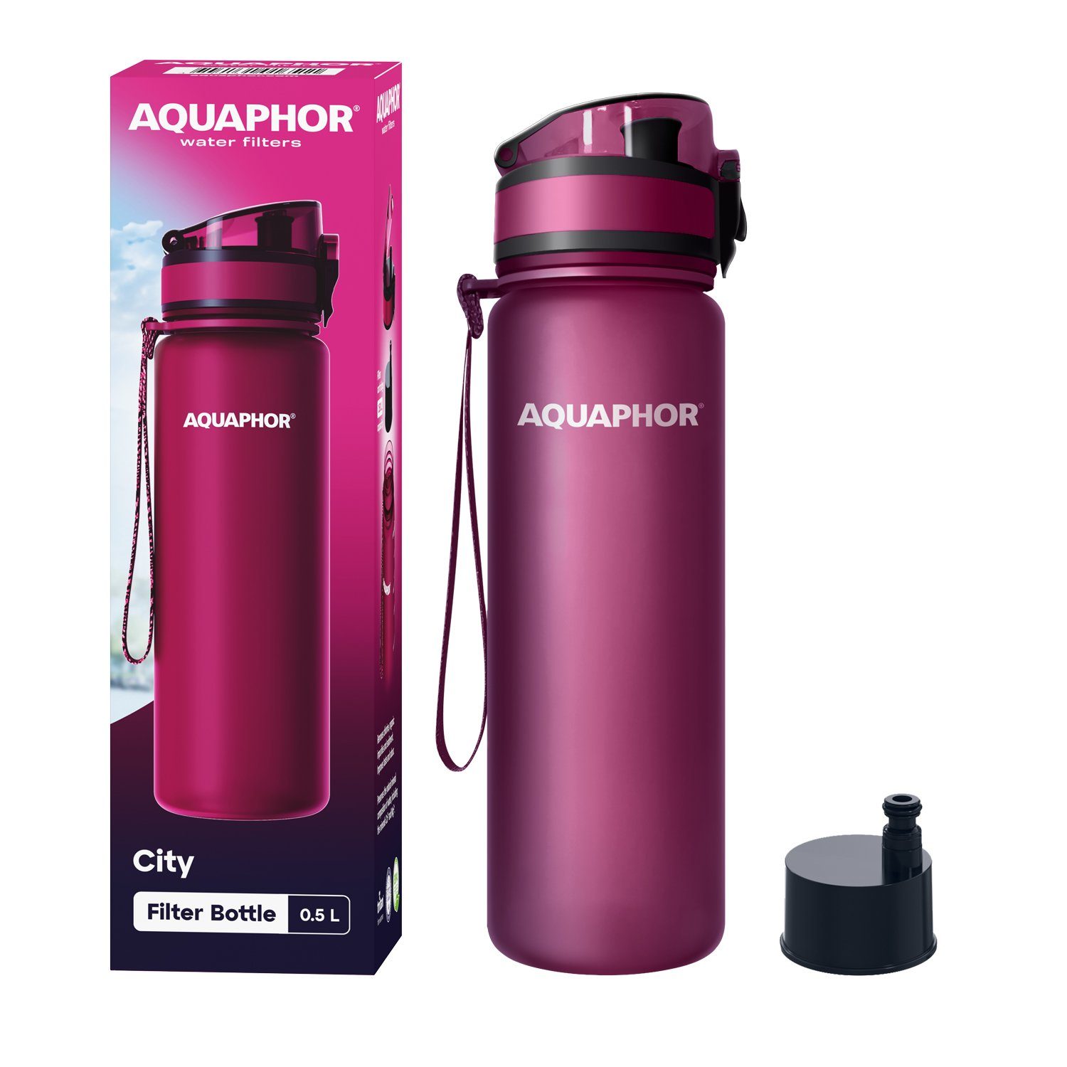 AQUAPHOR Trinkflasche CITY Flasche mit Wasserfilter für unterwegs, 500ml. I, Filter mit Aktivkohle I Aus Tritan & BPA-frei I rubin