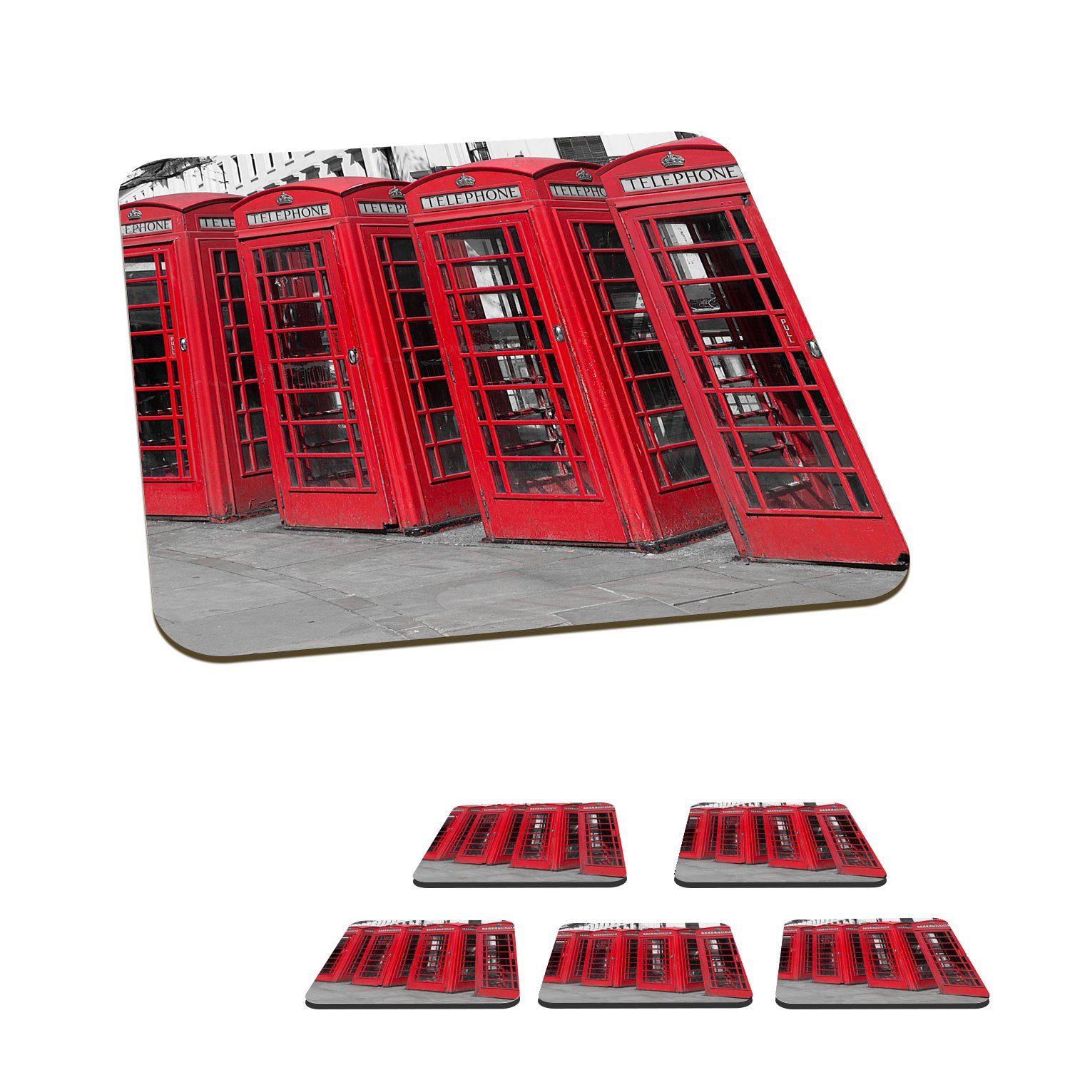 MuchoWow Glasuntersetzer Schwarz-Weiß-Foto von vier roten Telefonkabinen, Zubehör für Gläser, 6-tlg., Glasuntersetzer, Tischuntersetzer, Korkuntersetzer, Untersetzer, Tasse