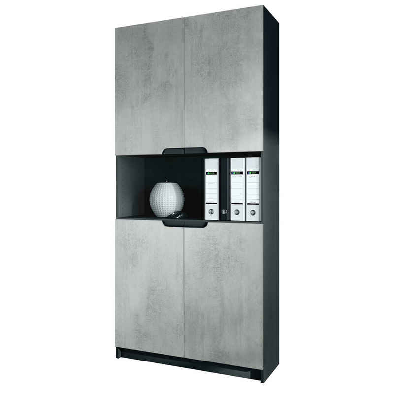 Vladon Aktenschrank Logan (Aktenschrank, mit 5 Fächern und 4 Türen) Schwarz matt/Beton Oxid-Optik (82 x 184 x 37 cm)