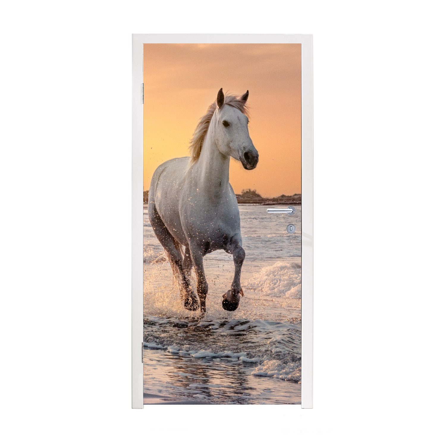 MuchoWow Türtapete Pferde - Sonne - Meer - Strand - Tiere, Matt, bedruckt, (1 St), Selbstklebende Tapete, Folie für Möbel, 75x205 cm