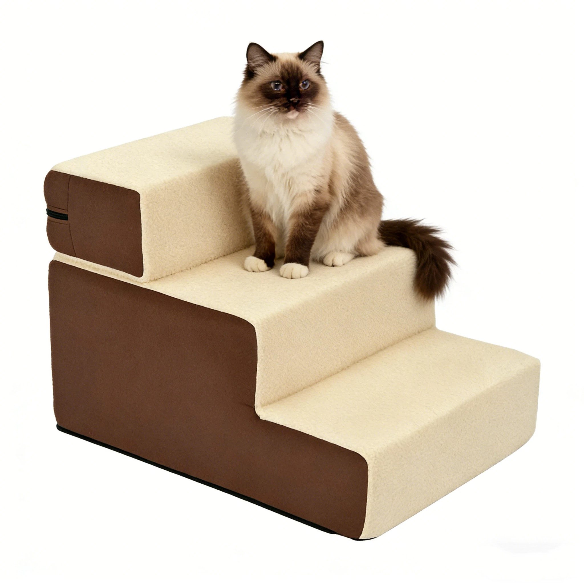 BlingBin Haustiertreppe Hundetreppe, Katzentreppe, 3 Stufen (Haustierleiter, 1-St., 54 x 40 x 39cm), Tiertreppe für Katzen und Hunde Plüsch, Beige