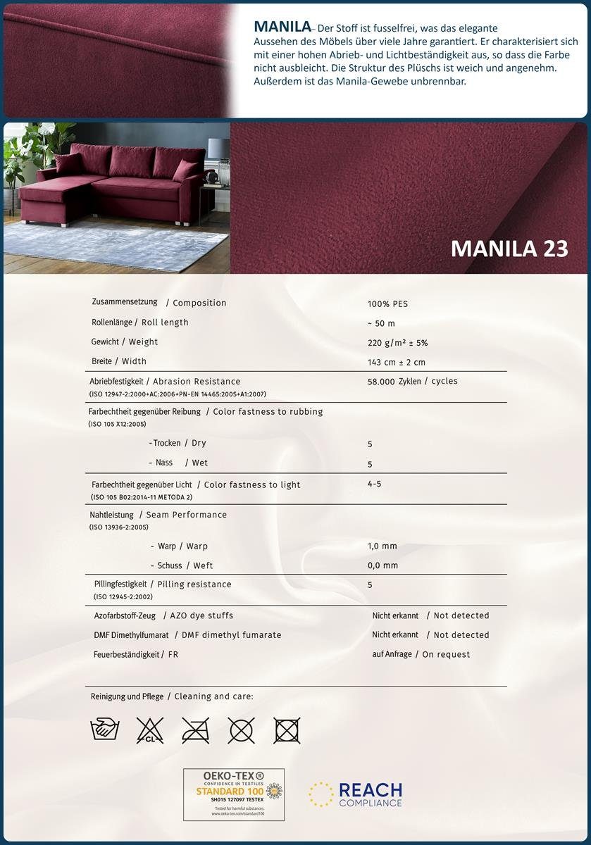 Kunststoffbeine, Burgundy Bonnell-Federn (manila universelle aus L-Form inklusive Eckcouch Ecksofa, mane, velours, Bettkasten, 23) Toretto, Polsterecke Beautysofa