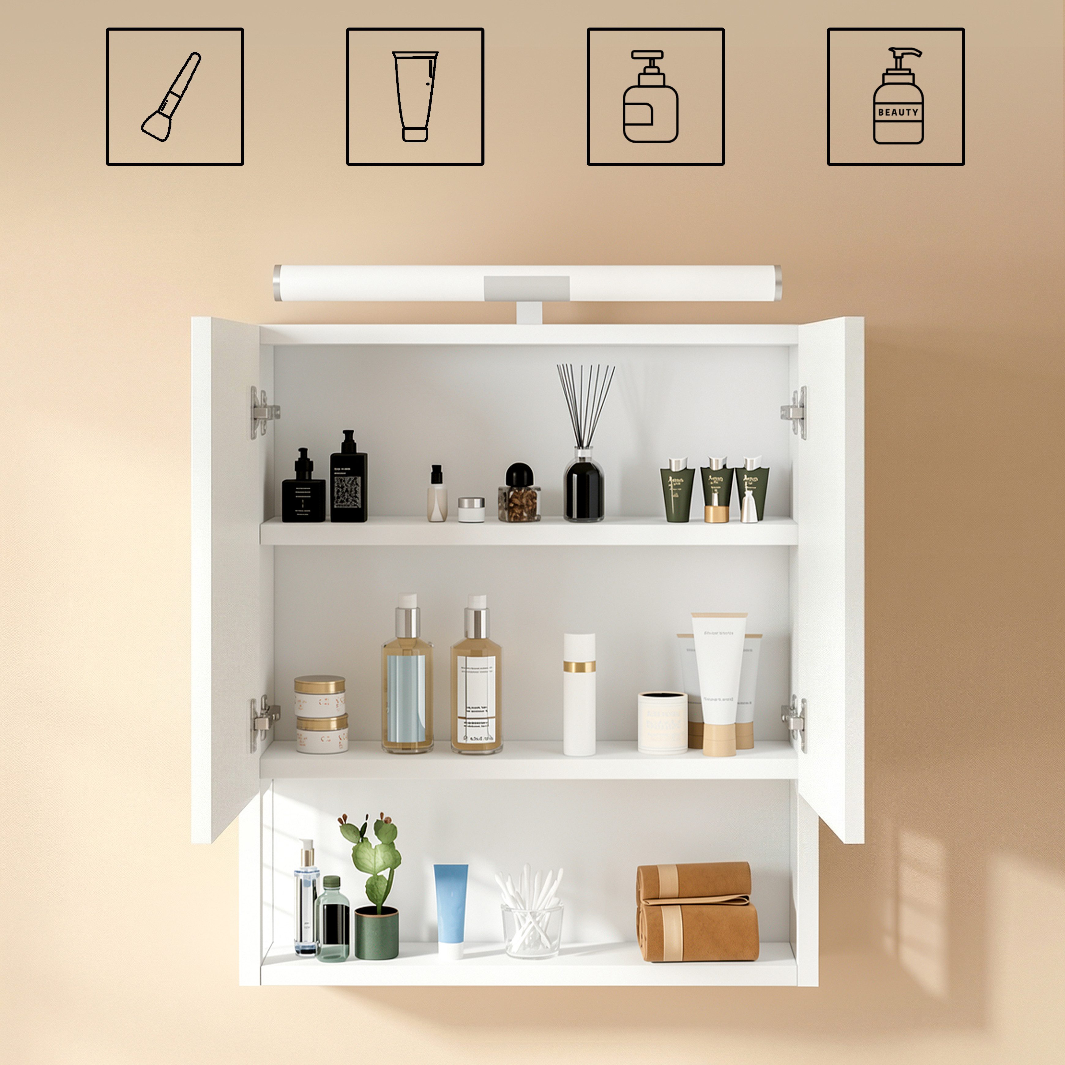 oyajia Spiegelschrank Badezimmerschrank, 13 x 56 x 60 cm, Badschrank, Wandschrank (mit LED-Beleuchtung) Badezimmerschrank mit 2 Türen, Holz – Bild 4 von 5