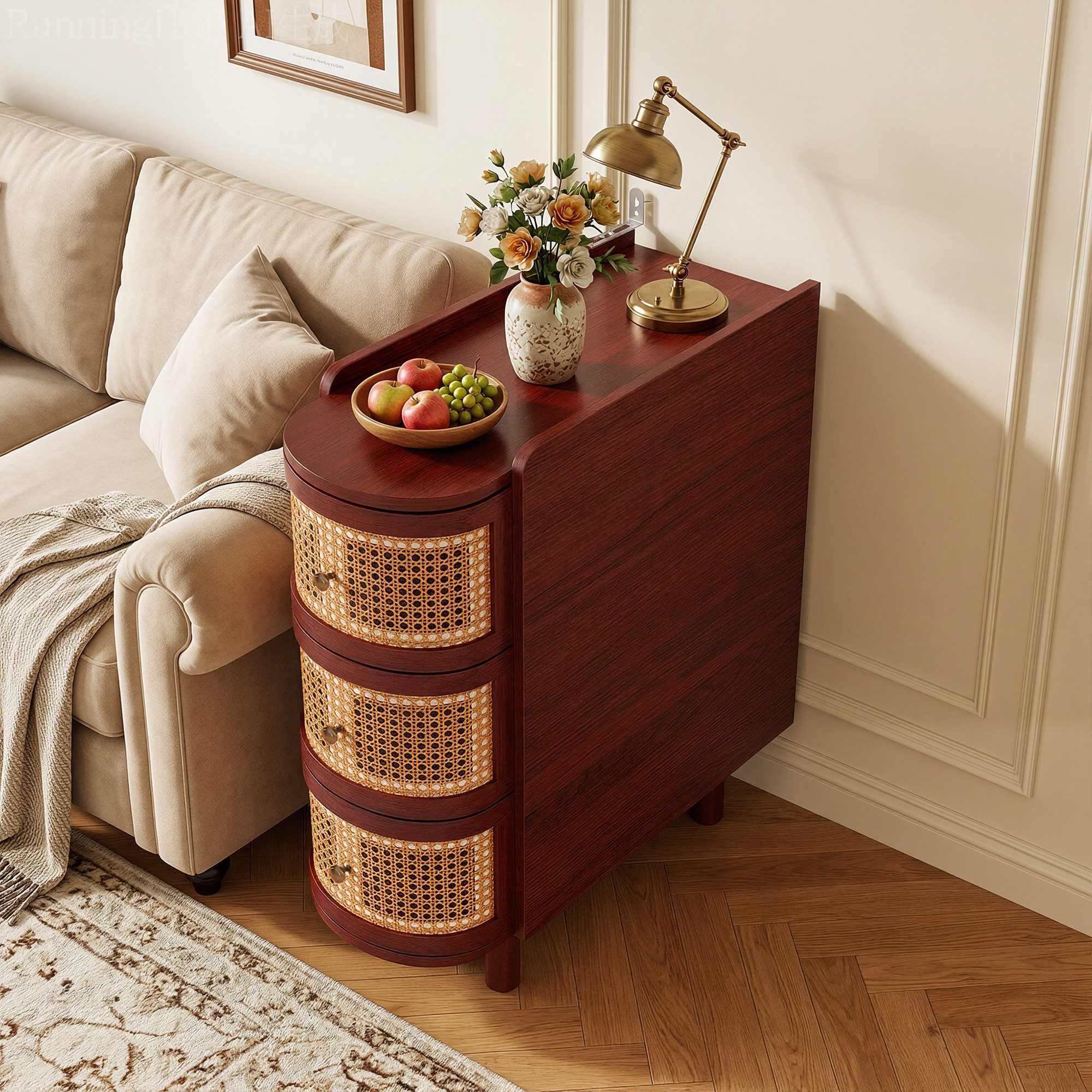FUFU&GAGA Beistelltisch schmal 26cm Rattan, Telefontisch Retro mit 3 Schubladen – Bild 3 von 5