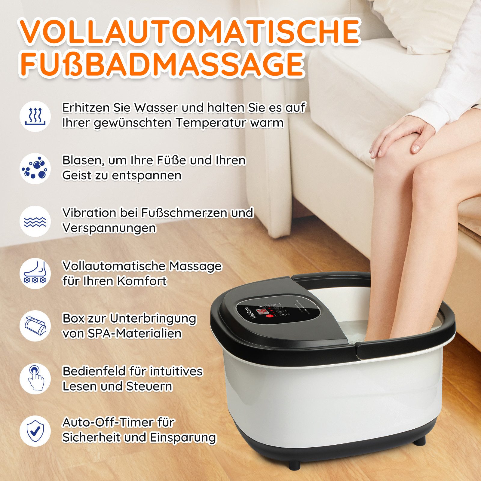 Mia&Coco Fußbad Fussmassagegerät mit Automatischer Massage Und Heizung, 9st, Entspannende Schaummassage, Kommt mit einem Satz von 8 Werkzeugen, mit Sprudelfunktione, Temperaturkontrolle, Massagerollen
