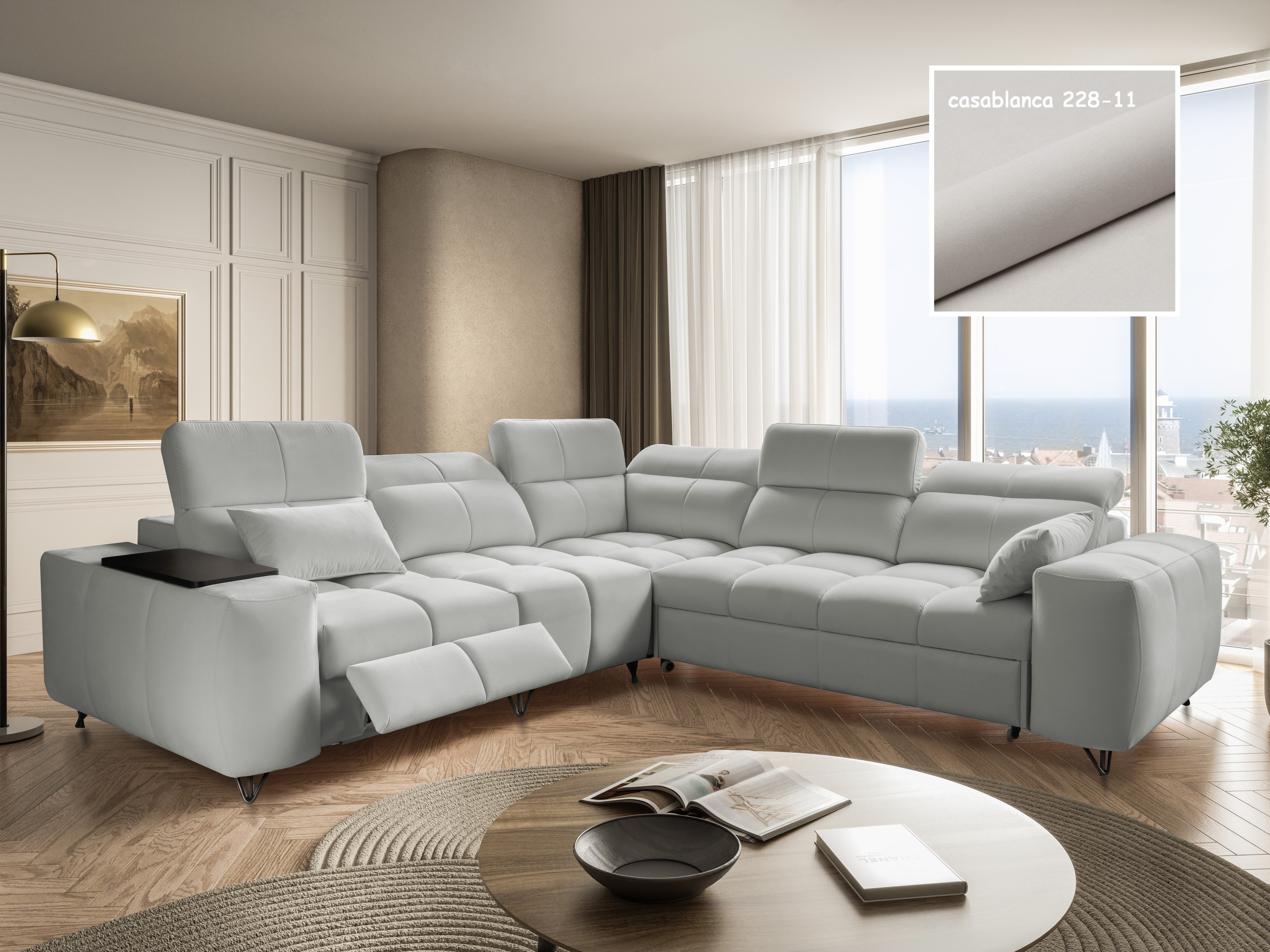 Möbel für Dich Ecksofa Calisto 3 mit Relaxfunktion in symmetrischer L-Form, mit elektrisch ausfahrbarer Fußstütze, 6 Kopfstützen und Ablage