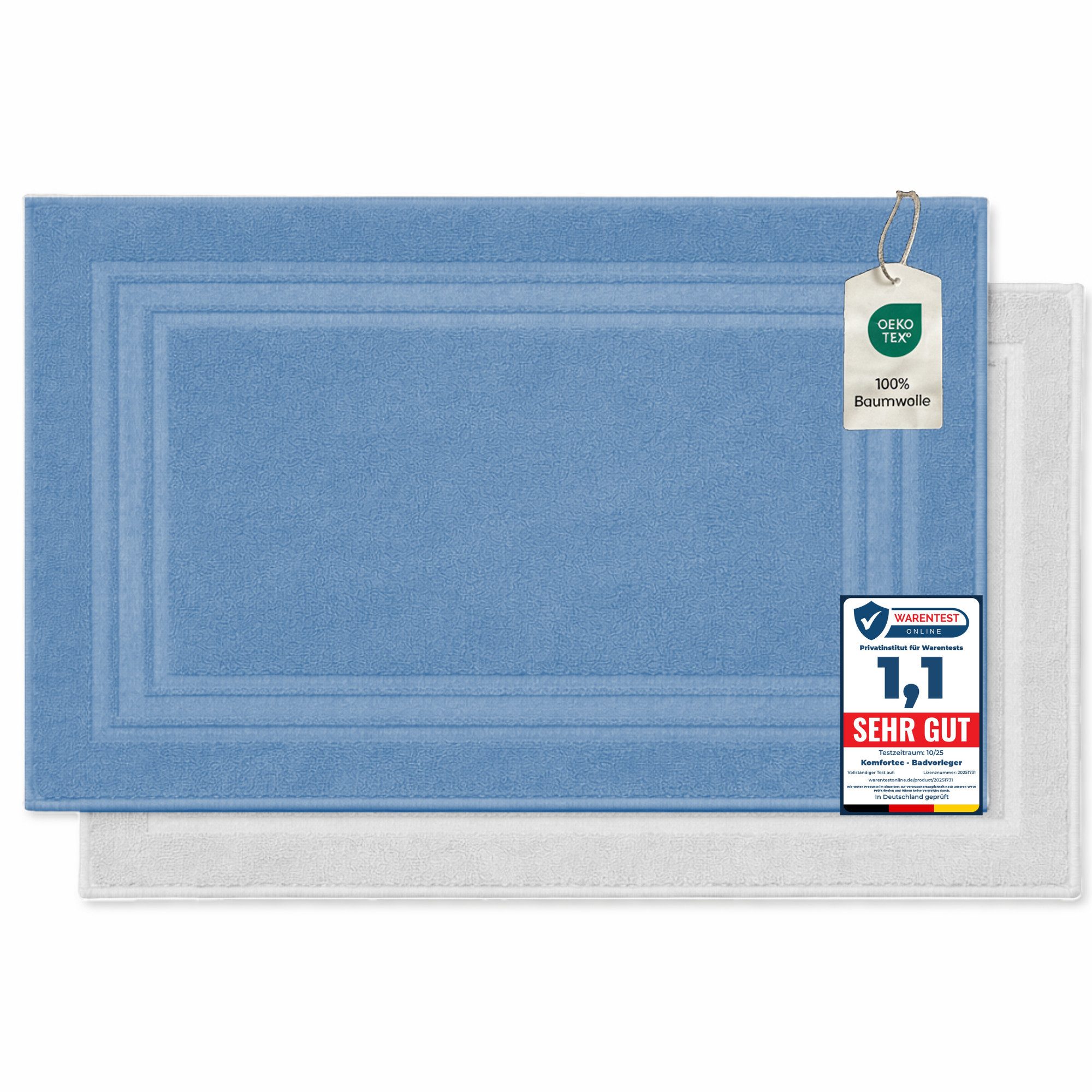 Komfortec Badematte Badvorleger aus 100% Baumwolle, Waschbar Duschmatte, Frottee, Rechteckig, 600 g/m², 2er Set, Saugfähig & Schnelltrocknend