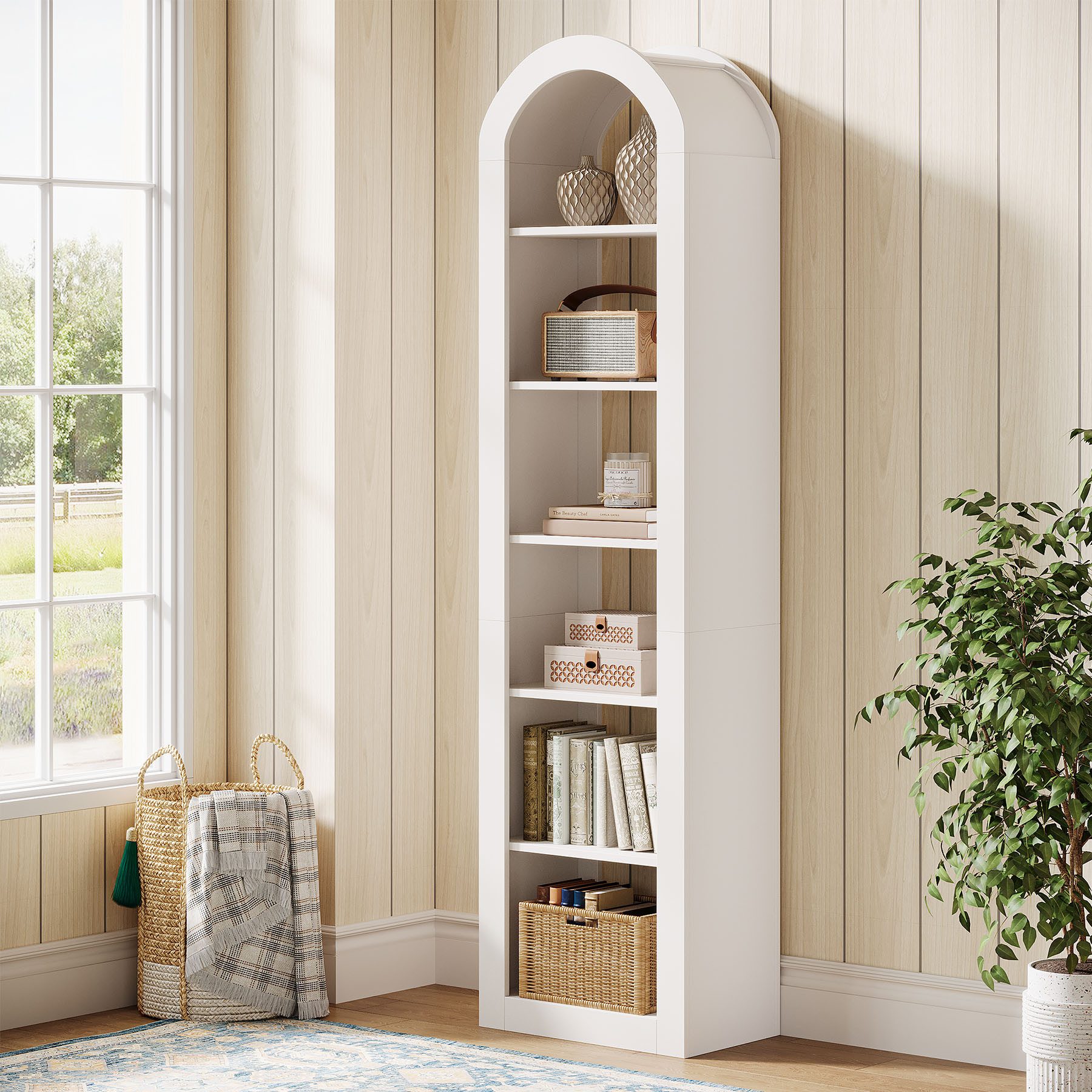 Tribesigns Bücherregal 190 cm Hoch, 6-stöckiges Schmales Regal Mit Bogendesign, Warmweiß
