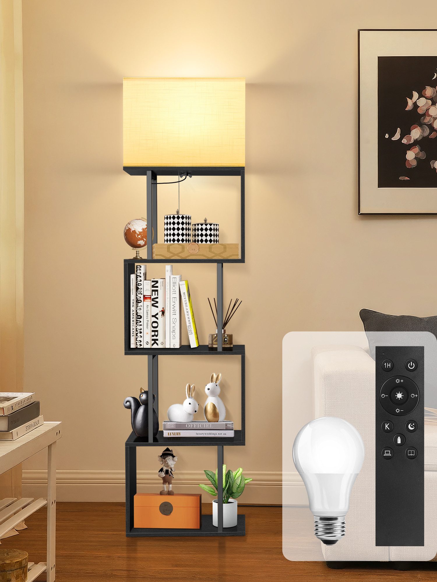OUTON Stehlampe S-förmiges Bücherregal mit Beleuchtung, 4 Ebenen, Fernbedienung, 3000K-6000K, gelb/schwarz