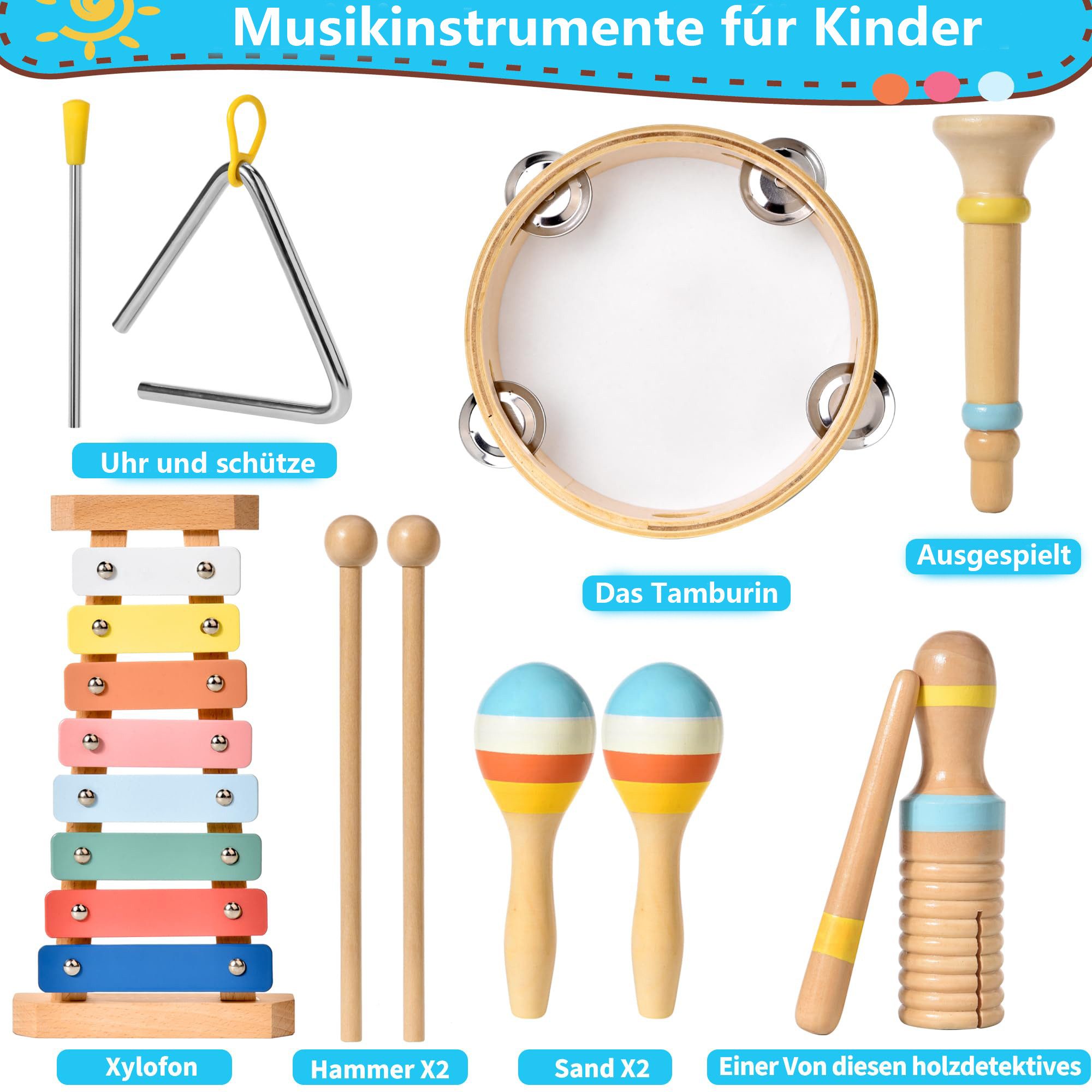 CLTYQ Lernspielzeug Baby Musikinstrumente Montessori-Holzspielzeug für Kleinkinder von 3, 6 in 1 Musikinstrumente Holzspielzeug modernem Boho-Xylophon