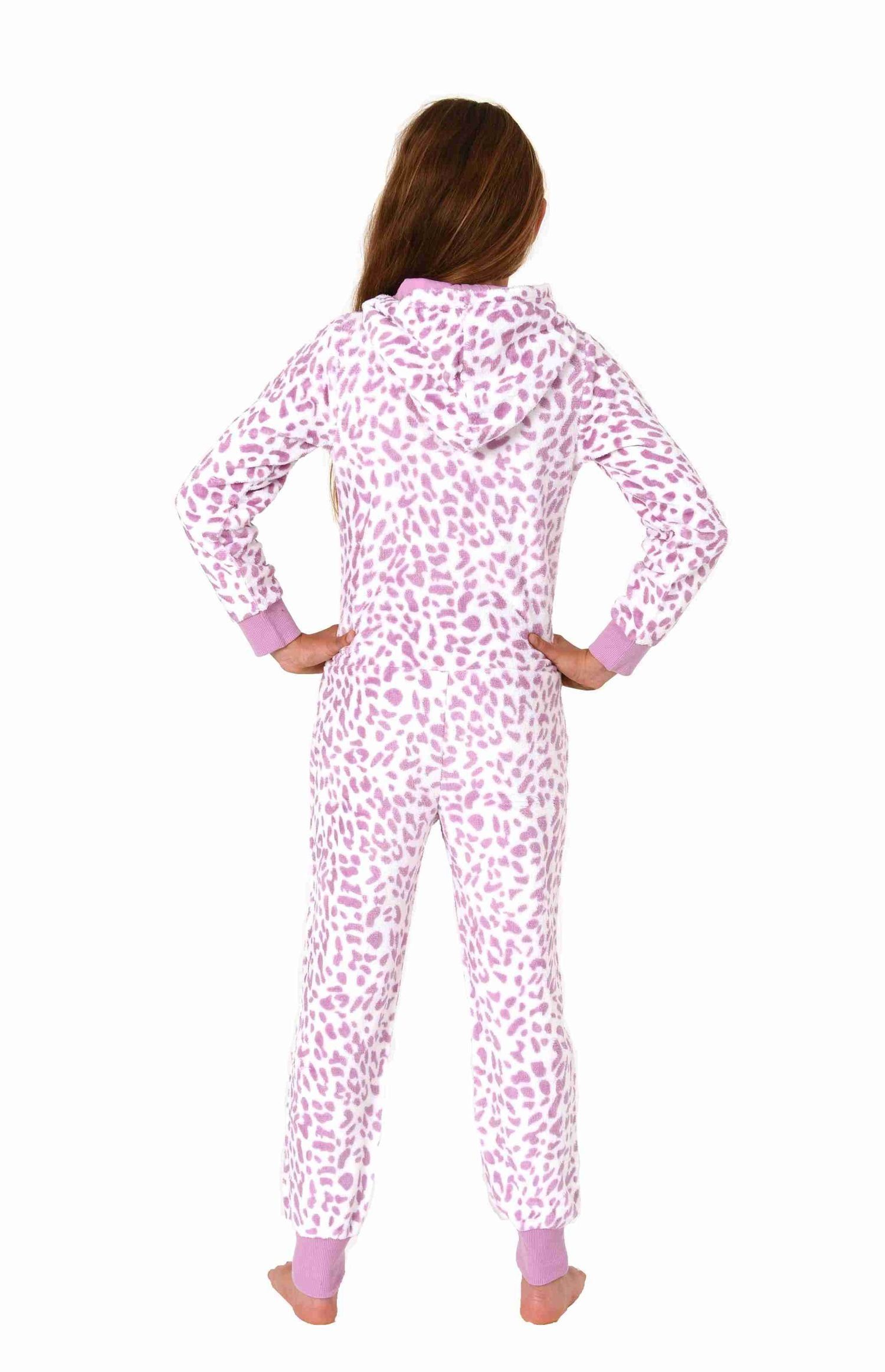 Normann Pyjama Mädchen Schlafanzug im Jumpsuit pink aus Coralfleece Animal Einteiler Look