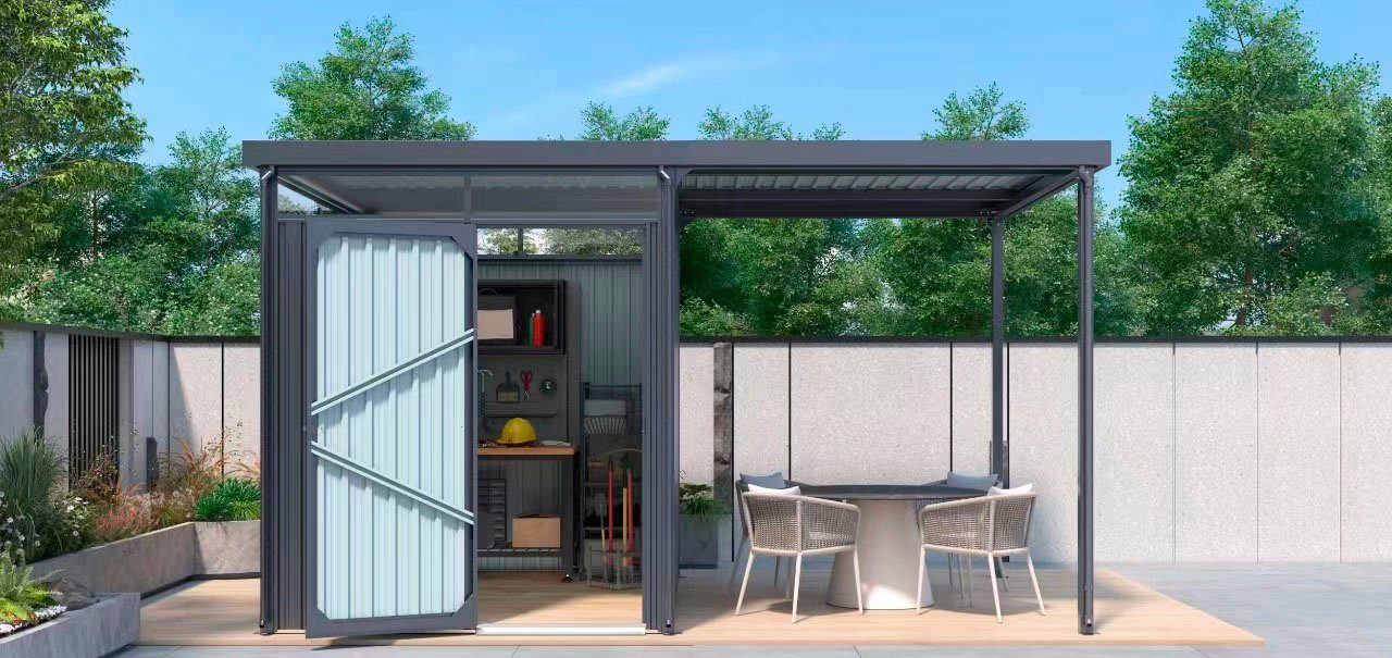 KONIFERA Gerätehaus Gartenhaus Stefano mini, BxT: 403x245 cm, (Set), Stahl, mit seitlichem Anbau