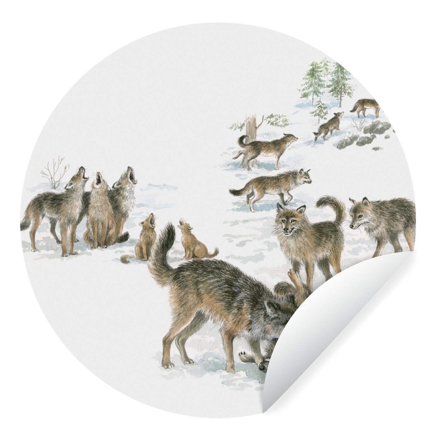 MuchoWow Wandsticker Wölfe - Schnee - Winter (1 St), Tapetenkreis für Kinderzimmer, Tapetenaufkleber, Rund, Wohnzimmer