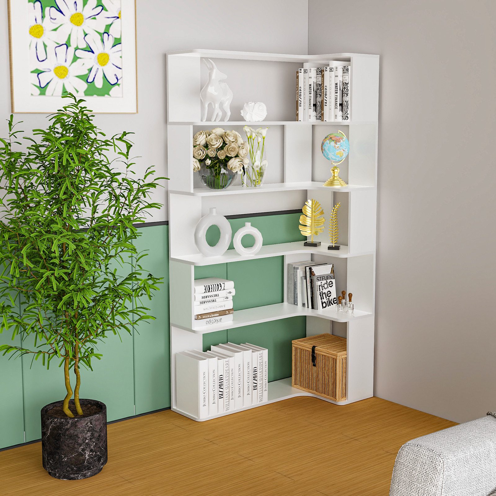 JEOBEST Bücherregal Eckregal, Eck-Bücherregal 5-stöckiges, Modernes Display Unit, L-förmiges Regal, H 169CM