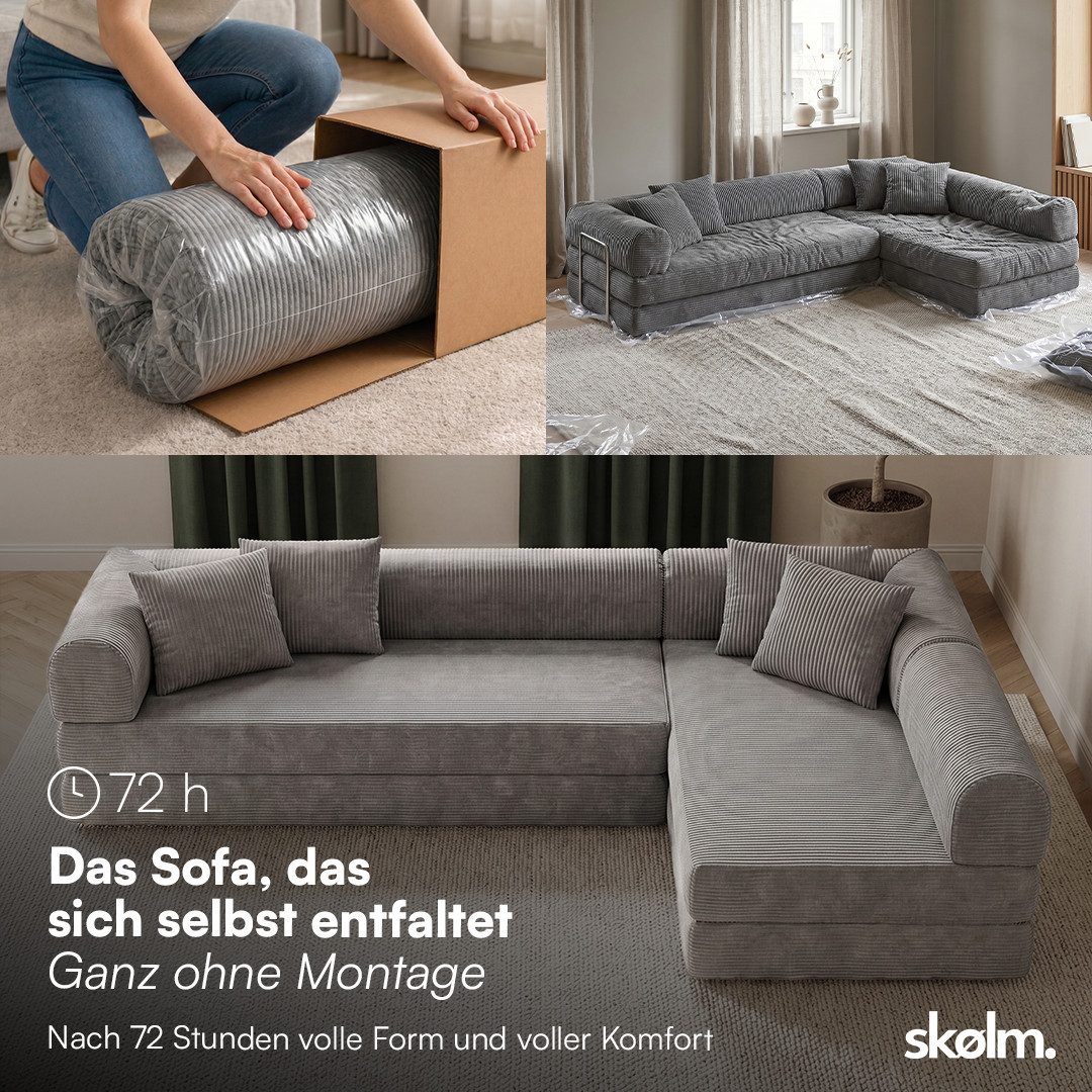 skølm Sofa & Sessel Lofn aus Vollschaum Cord, umwandelbar zum Schlafsofa/-Sessel, Dunkelgrau, Ecksofa 300 cm breit, 4 Sitzer, kein Aufbau erforderlich, vakuumie – Bild 3 von 5