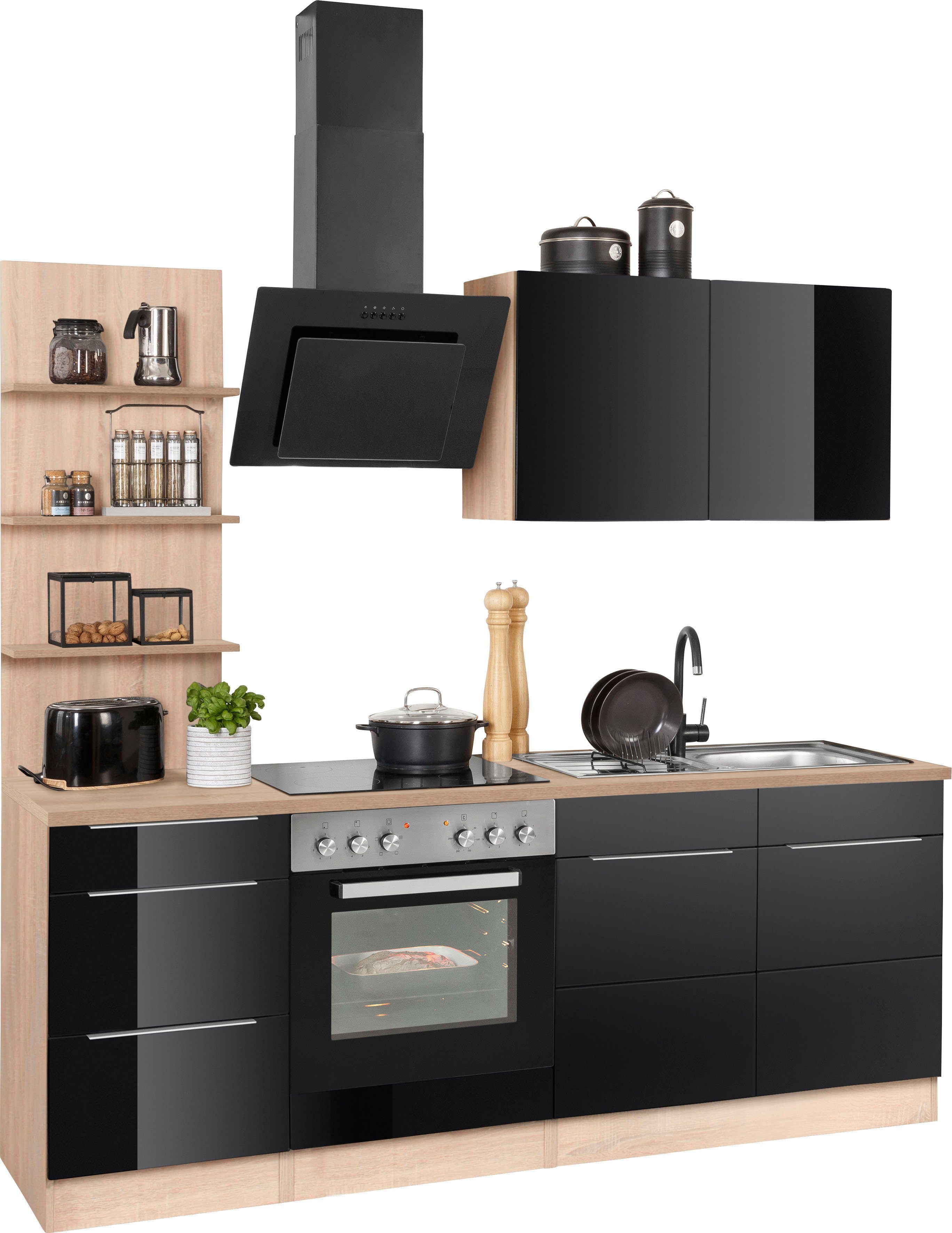 HELD MÖBEL Küchenzeile Brindisi, mit 210 | Breite cm E-Geräten, Hochglanz/eichefarben schwarz eichefarben