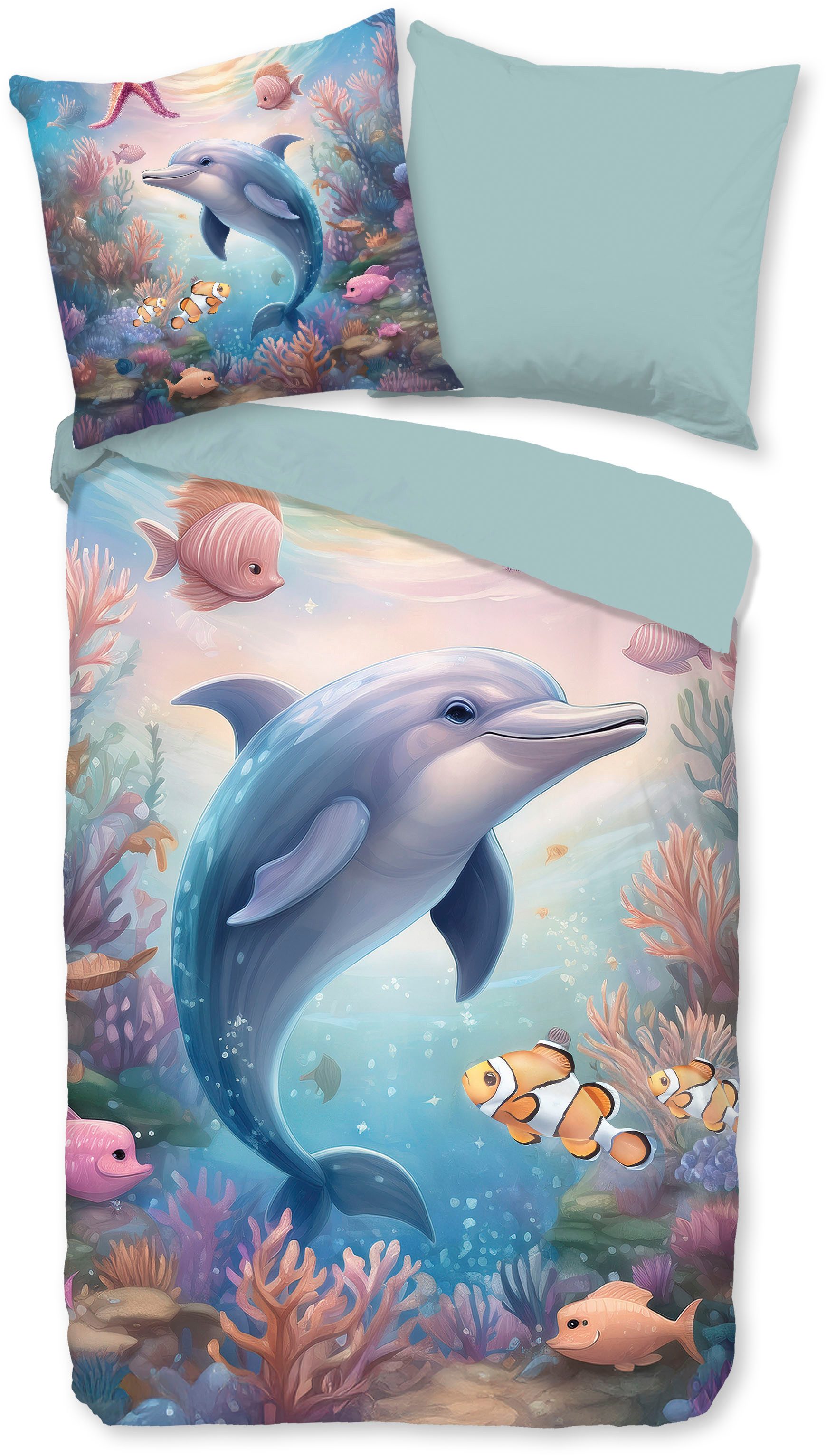 good morning Kinderbettwäsche Baya, Renforcé, 2 teilig, Baumwolle, Renforcé, 135x200, Wendeoptik, Kind, Delfin, Blau