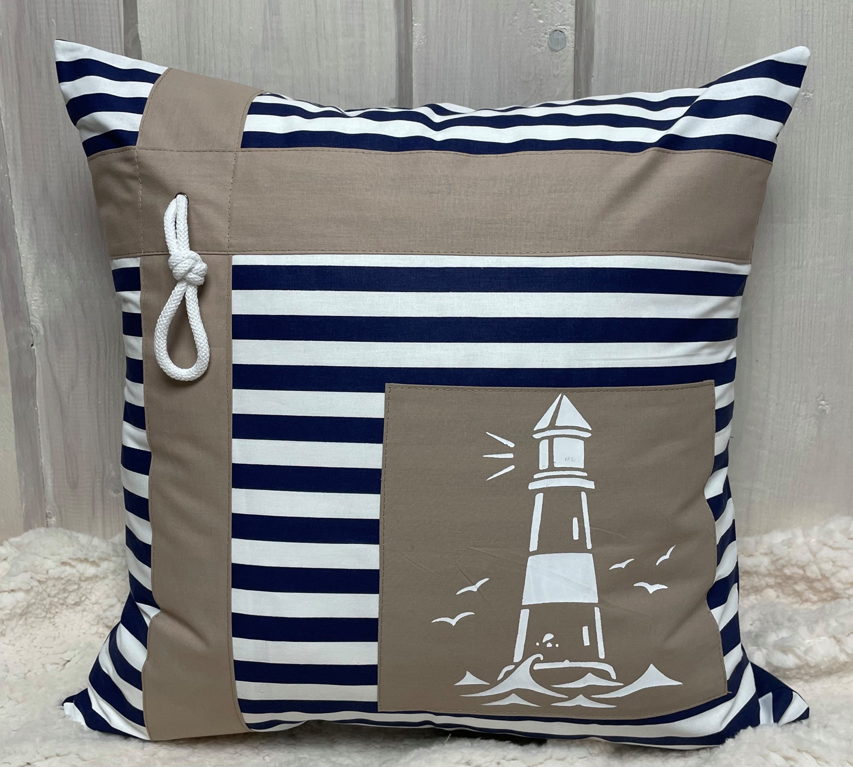 Ammerkind Dekokissen Maritime Kissenhülle, Leuchtturm, blau/weiß/beige, Kissenhülle ohne Füllung, 100% Handarbeit – Bild 4 von 5