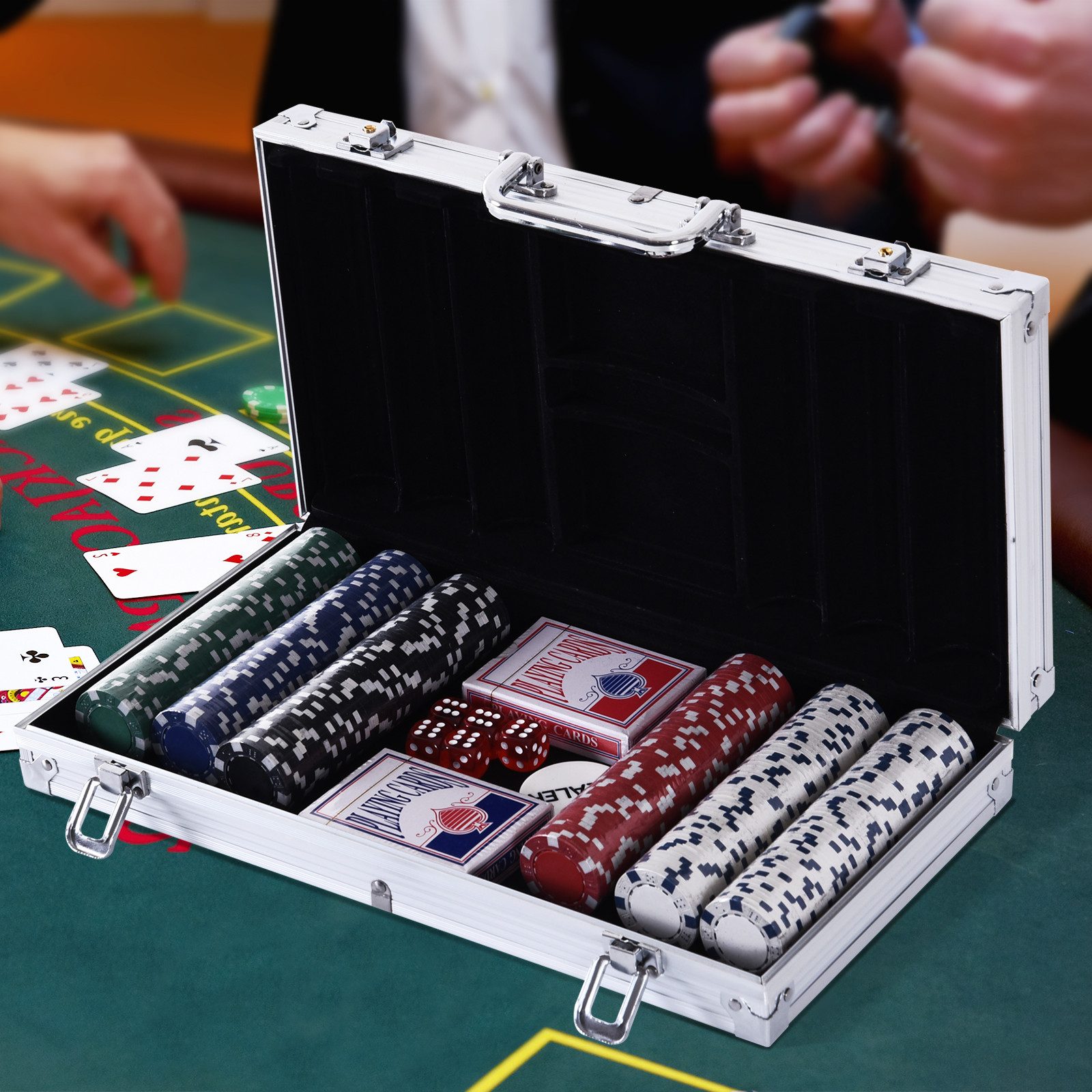 HOMCOM Spiel Pokerkoffer abschließbar Pokerset mit Koffer 300 Chips 5 Würfel, Familienspiel, Gesellschaftsspiel, Alu+Polystyrol 38 x 20,5 x 6,5 cm