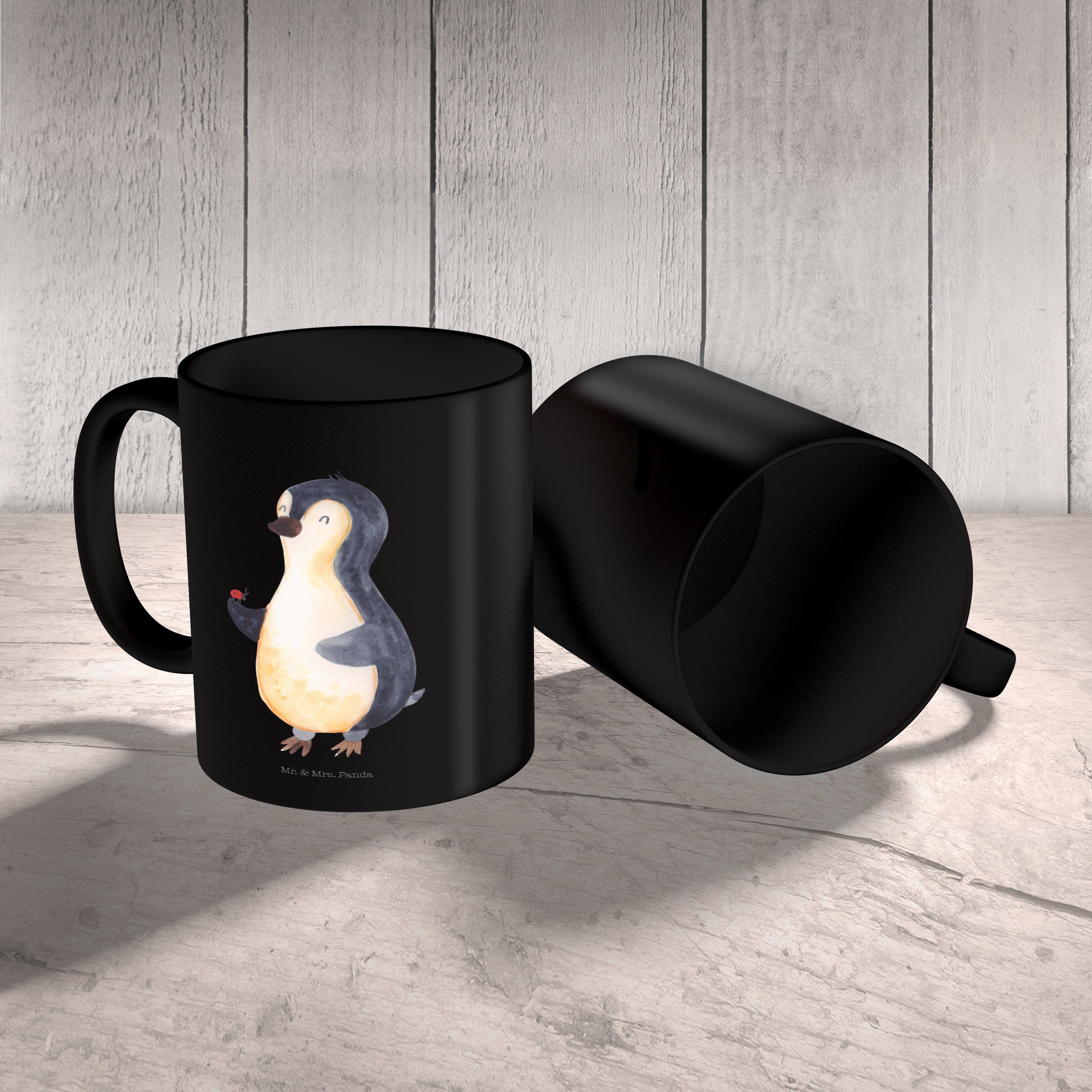 Geschenk, Mrs. - Tasse & Panda Mr. Keramik - Marienkäfer Becher, Schwarz Tasse, Geschen, Schwarz Büro Pinguin