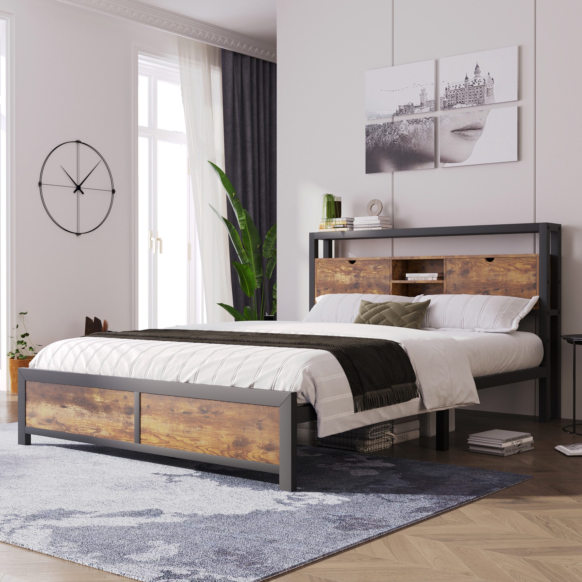 MODFU Metallbett modernes Design im Industrie-Look, platzsparend und langlebig, (145 x216x100cm,ohne-Matratze, 26,5 cm Bodenfreiheit), Metallbett mit Holzoptik MDF