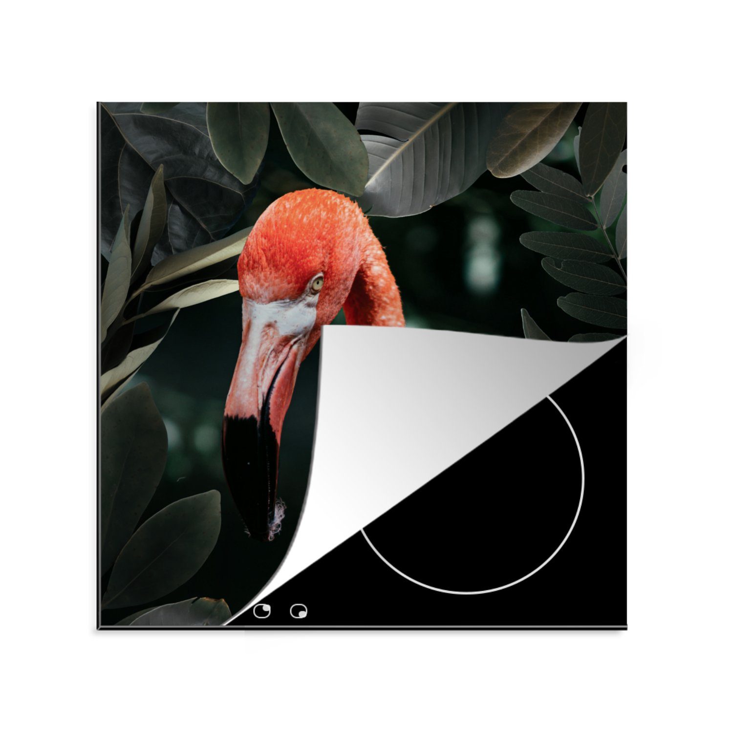 MuchoWow Herdblende-/Abdeckplatte Flamingo - Blätter - Porträt, Vinyl, (1 tlg), 78x78 cm, Ceranfeldabdeckung, Arbeitsplatte für küche