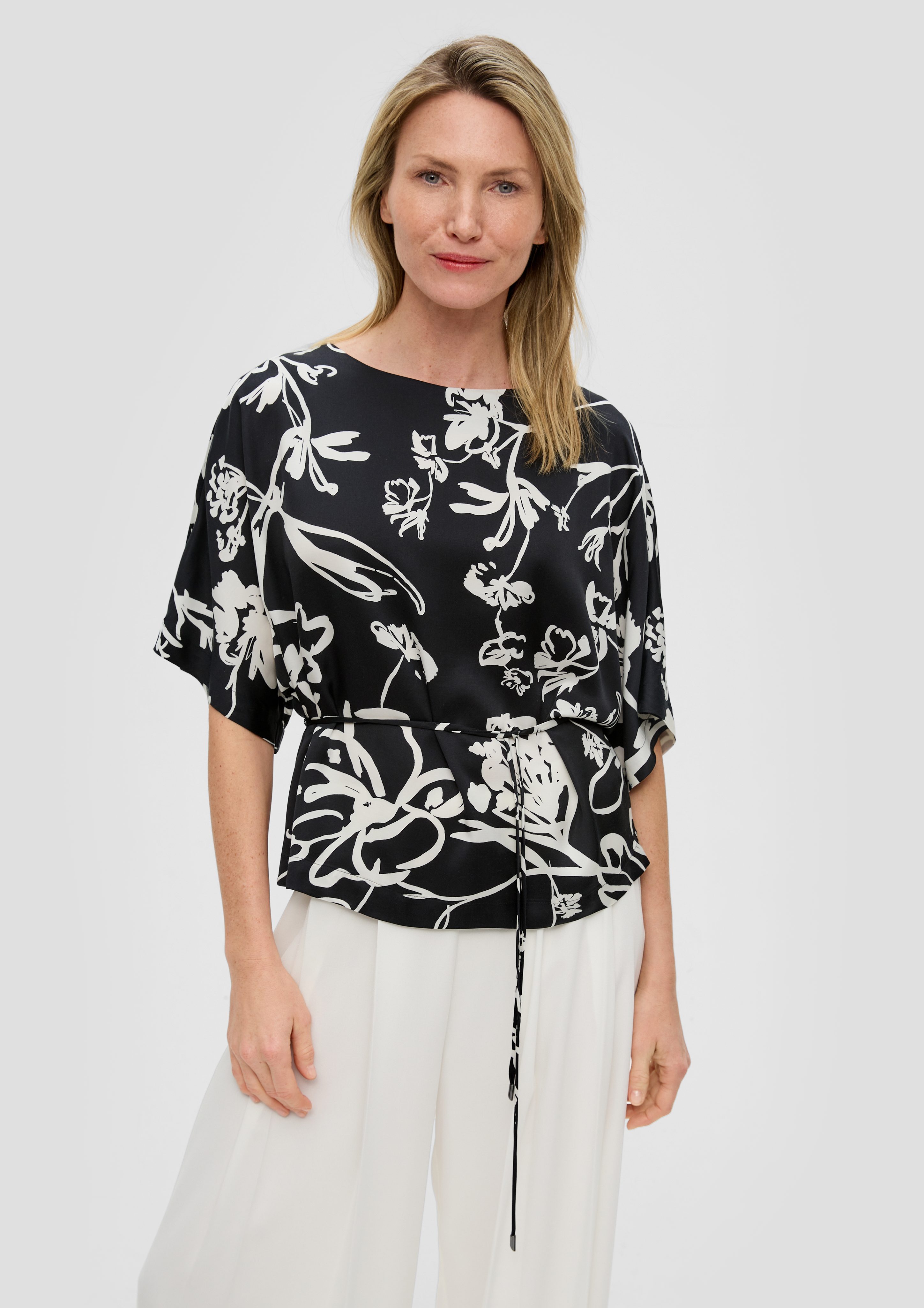 Langarmbluse Bluse mit Stoffbindegürtel