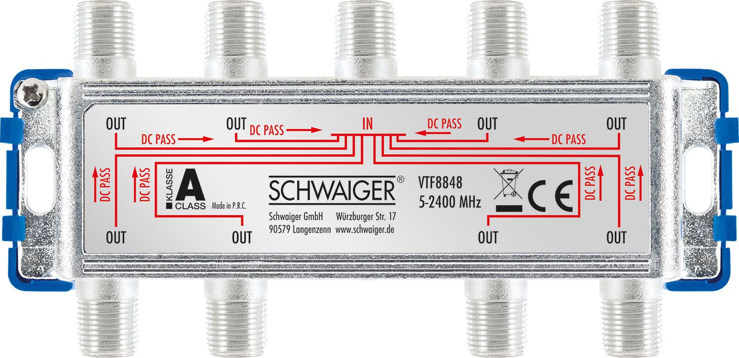 Schwaiger SAT-Verteiler 719529 (verteilt ein Single auf acht Teilnehmer), für Kabel-, Antennen- und Satellitenanlagen