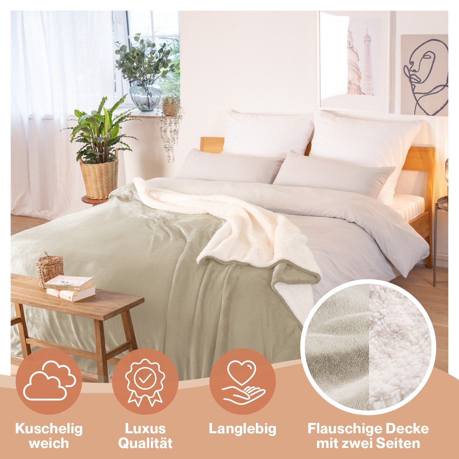 Wohndecke Premium Sherpa Kuscheldecke, Oeko-TEX Zertifiziert, Blumtal, Sofa Decke mit Dicker Sherpa-Innenseite, extra dick & wärmend – Bild 3 von 5