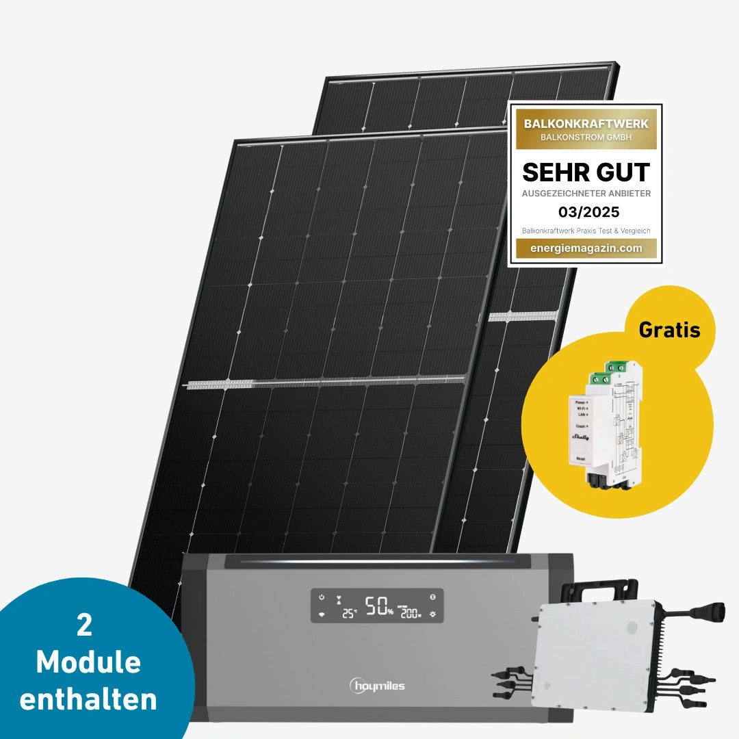 Balkonstrom Balkonkraftwerk 900W + Speicher, Hoymiles HiBattery 1920 AC, Komplettset, Bifazial, 900 W, Monokristallin, (Hoymiles HiBattery 1920 AC Stromspeicher), Made in Germany Kabel