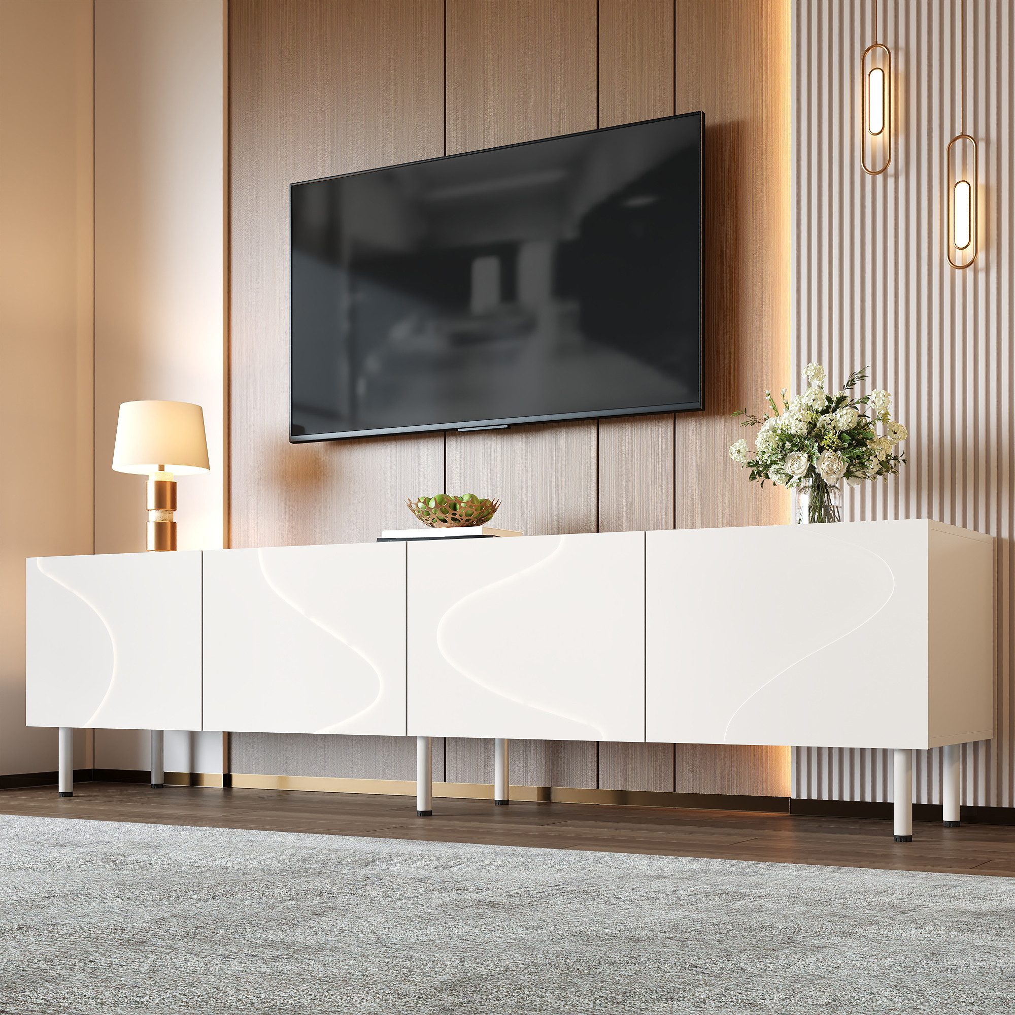 Merax Lowboard mit 3D Wellenfront & Push-to-Open (170 L x 35 B x 50H(cm), 1 St., Fernsehtisch), TV-Schrank mit 4 Türen, Kabeldurchlass, Metallfüßen, Stauraum – Bild 4 von 5