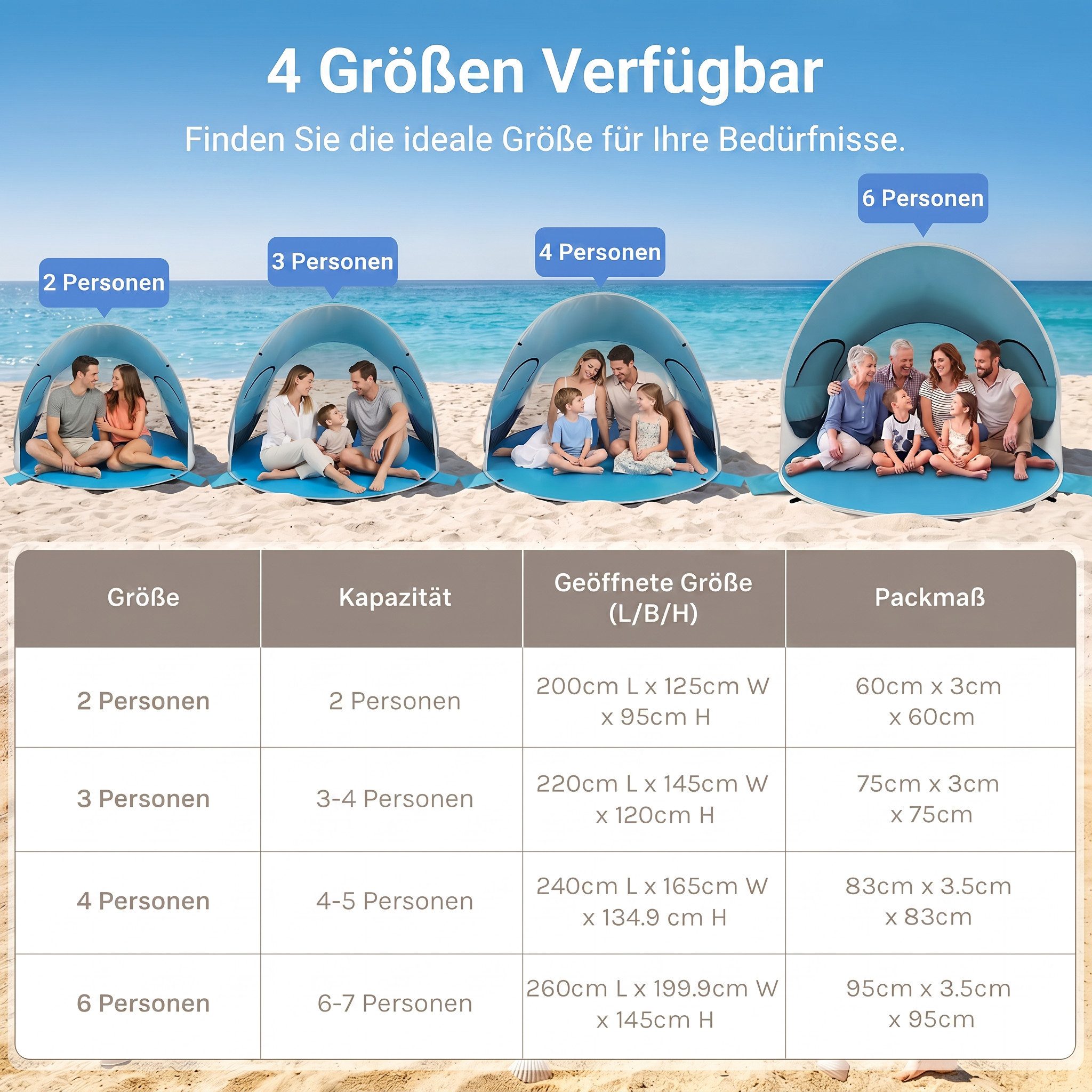 Wolfwise Kuppelzelt Strandmuschel Pop-Up Zelt mit UV-Schutz 50+, 2-6 Personen Strandzelt, Personen: 4 (Set, 1 x Zelt, mit Transporttasche), UV-Schutz 50+, Wasserabweisendes