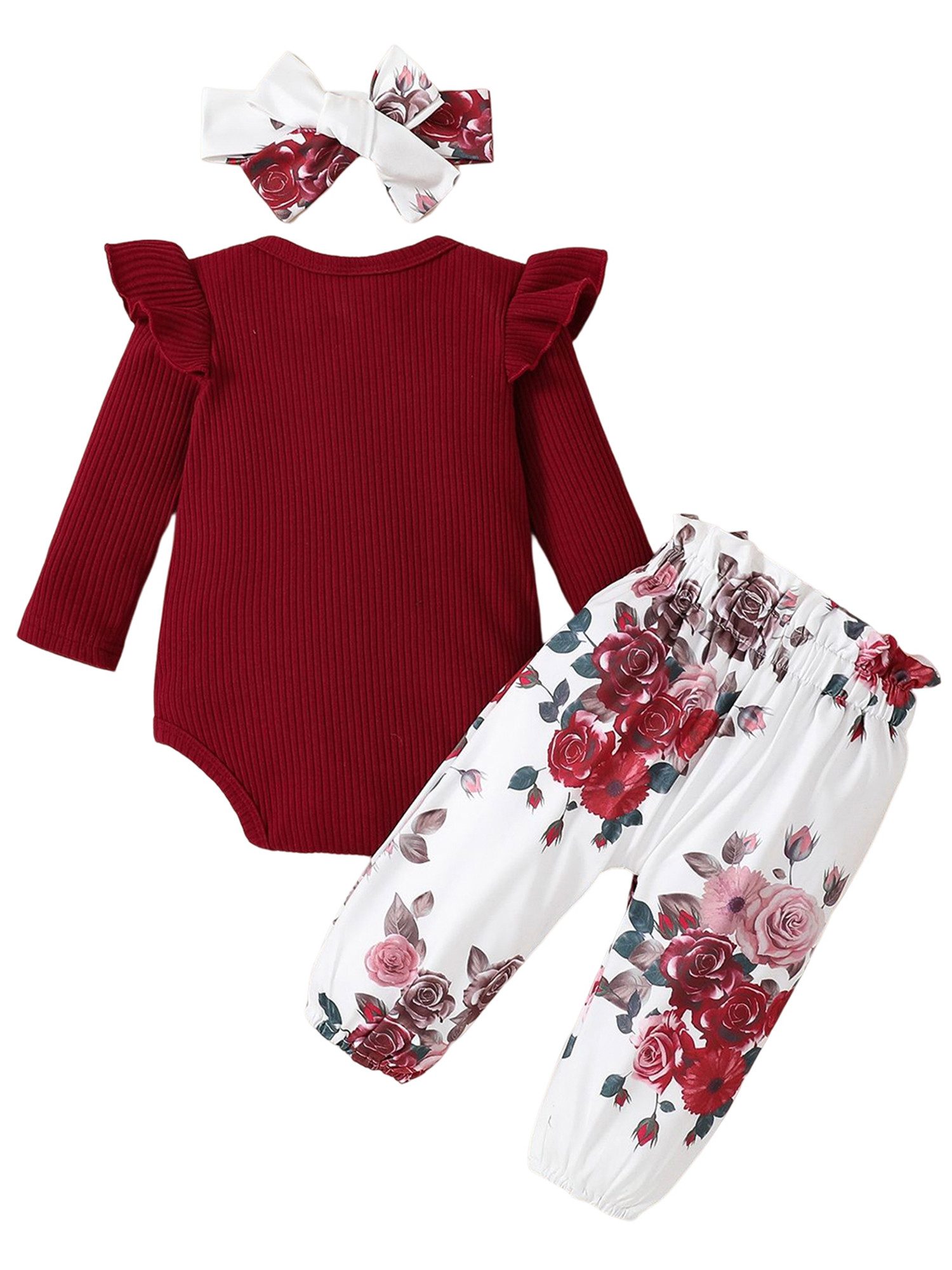 Gluckids Shirt, Leggings & Haarband Baby Mädchen Langarm Body Strampler Rüschen Blumen Hosen+Stirnband Set (3-tlg) Einfarbige Pullover Strampler Top Babykleidung Outfit, 0-18 Monate
