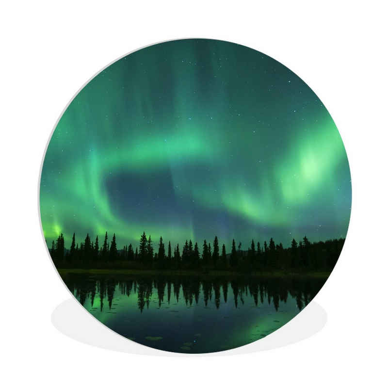 MuchoWow Gemälde »Nordlicht - Bäume - Wasser - Alaska Ø cm«, (1 St), Rundes Wandbild - Runde Bilder - Kreis Wanddekoration Forex (Kunststoff) - Wandkreis - Wandschmuck