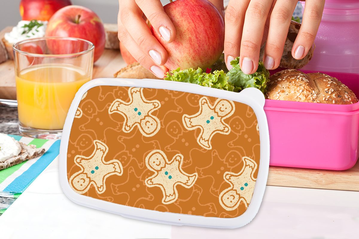 MuchoWow Lunchbox Snackbox, - für Kinder, Brotbox Kunststoff Erwachsene, (2-tlg), Lebkuchen Kunststoff, Brotdose Schnittmuster Mädchen, rosa - Plätzchen