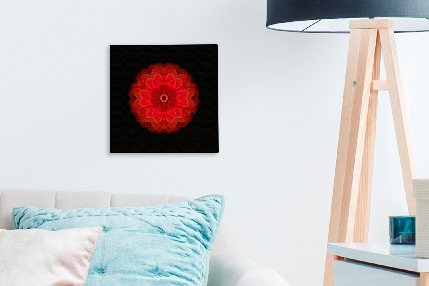 OneMillionCanvasses® Orangefarbenes Leinwandbild (1 auf für Leinwand Hintergrund, Wohnzimmer schwarzem Bilder Schlafzimmer St), Dahlienmandala