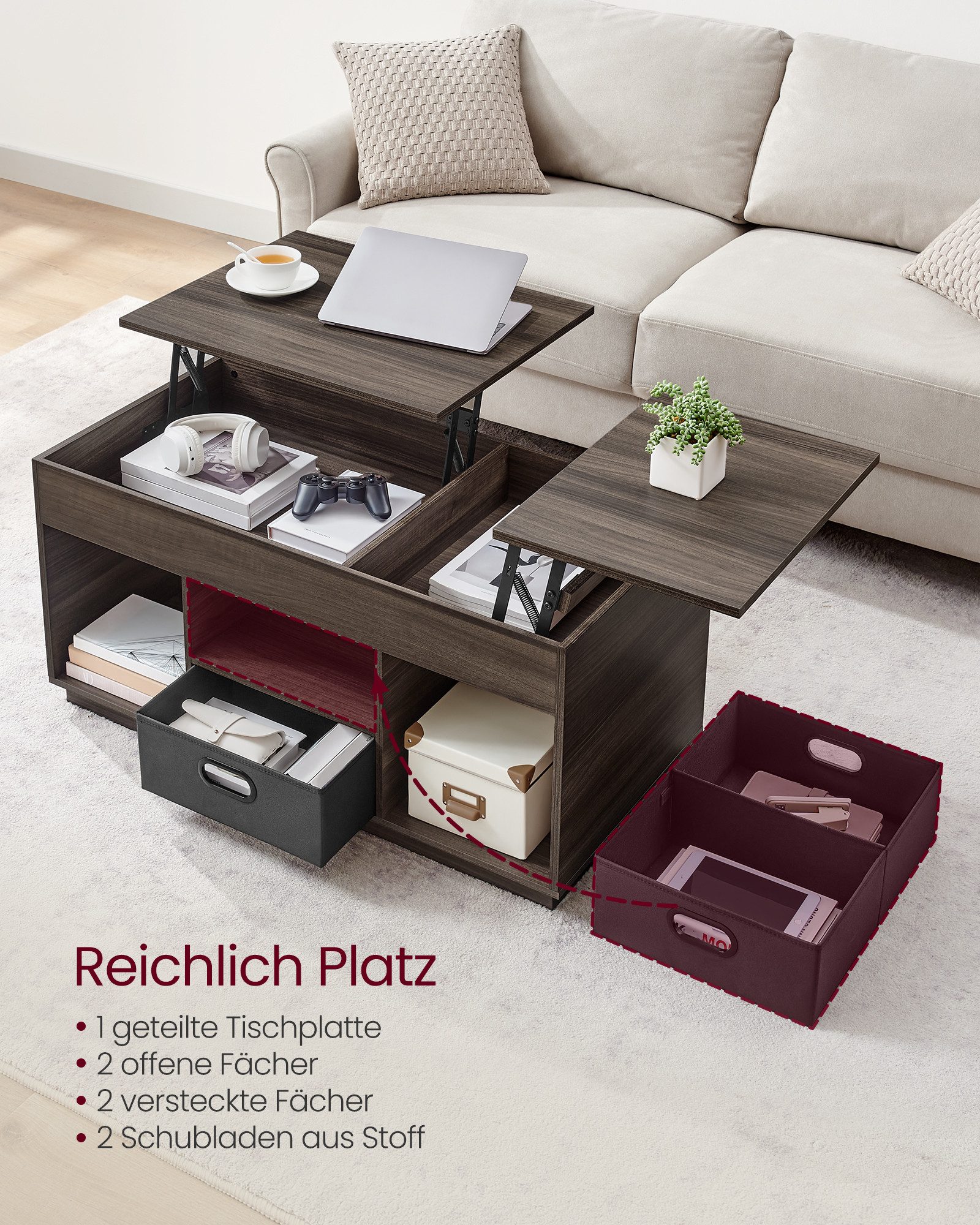 VASAGLE Couchtisch höhenverstellbarer Wohnzimmertisch, für Wohnzimmer, Homeoffice (inkl. Zubehörpaket & Anleitung), 2 Schubladen und versteckte Fächer, Kaffeeti – Bild 4 von 5