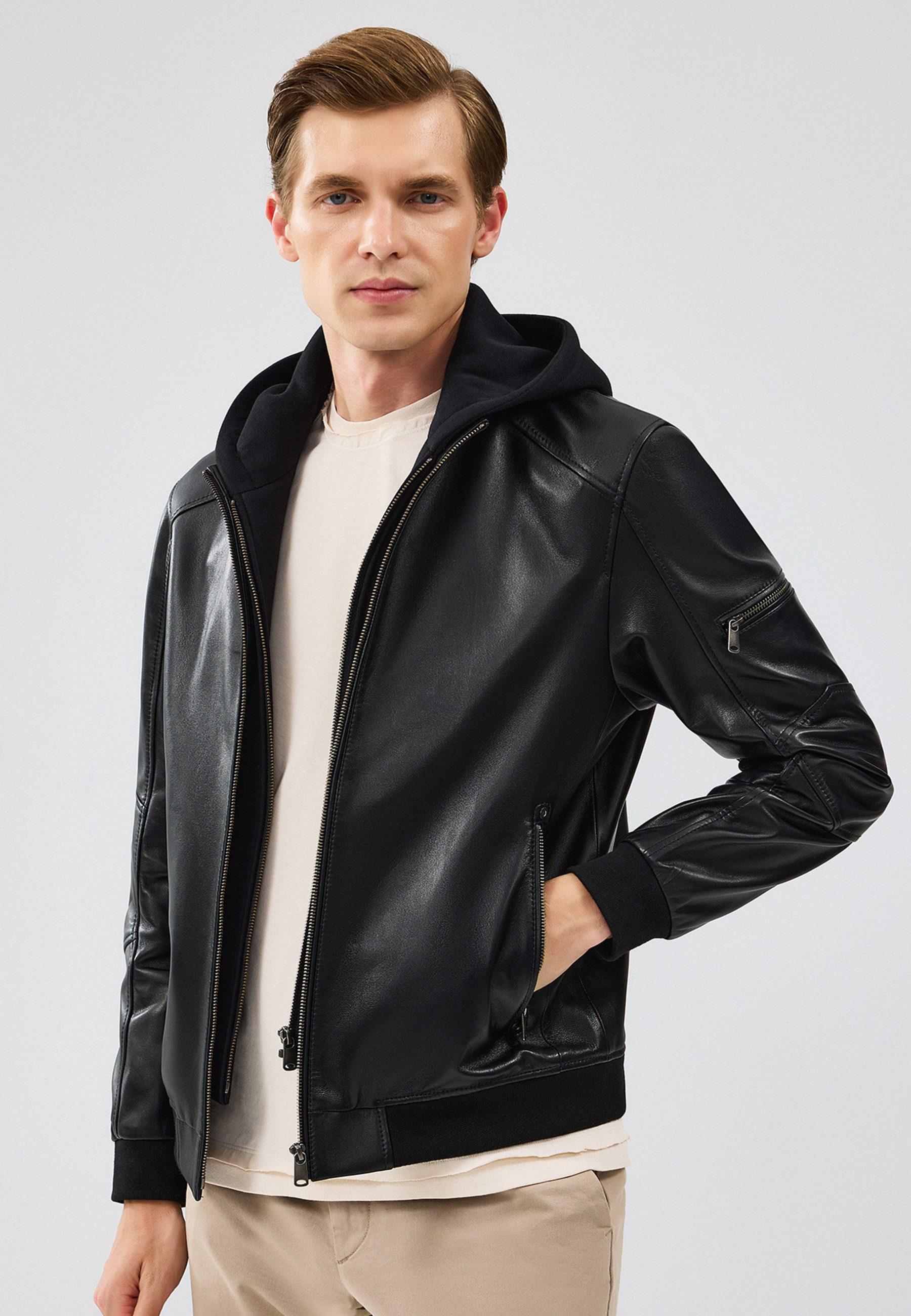 Derimod Lederjacke Niko Lederjacke mit Kapuze Regular Fit, Reißverschluss, Mit Kapuze, Kurz, Textilfutter