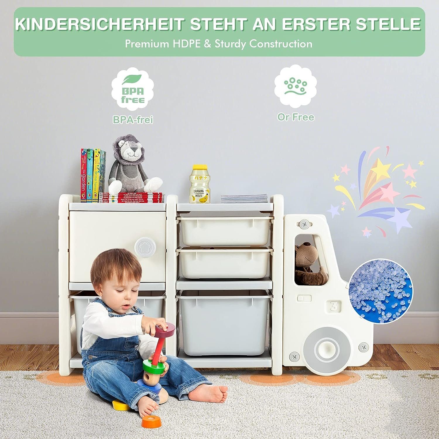 KOMFOTTEU Spielzeugtruhe Spielzeugregal Kinderregal, mit 4 Boxen & 1 Schran günstig online kaufen