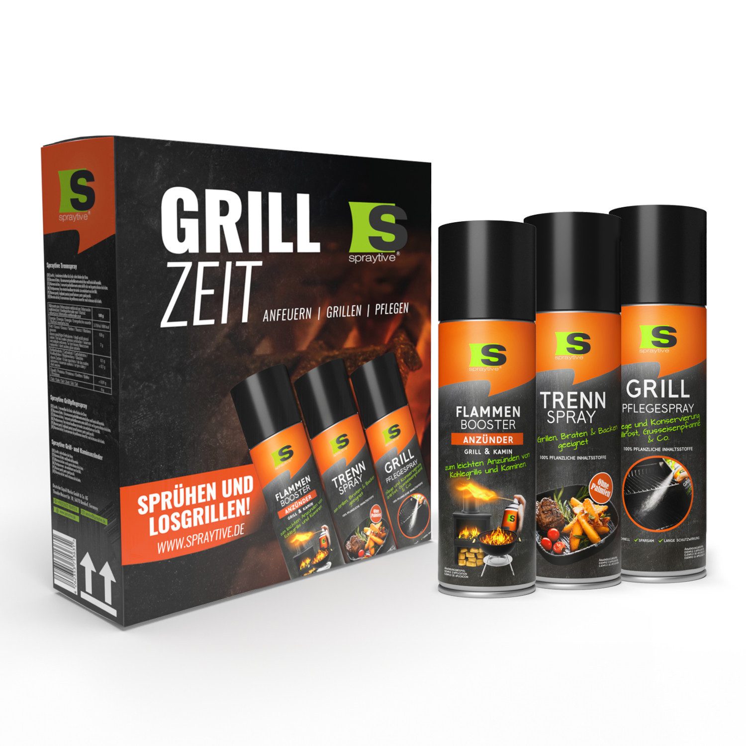 Spraytive Grillzeit BBQ Geschenkset 3x Spray Grillanzünder, Trenn- & Pflegespray Grillreiniger (3x Spray Made in Germany)