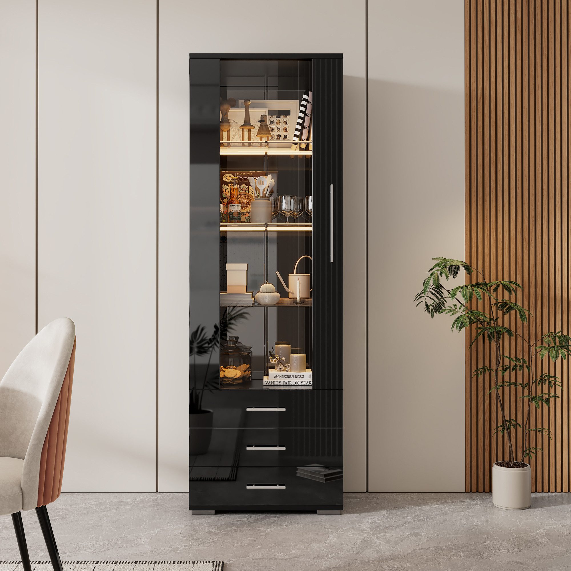 BlingBin Vitrine Hochglanzvitrine Glasvitrine Standvitrine mit LED-Beleuchtung (Aufbewahrungsschrank mit 3 Schubladen und 1-Tür, Gehärtetem Glas + Acryl, 1-St., Größe: 60*35*180cm, Tragfähig: 30kg, Bücherschrank) Vitrinenschränke für Wohnzimmer, Arbeitszimmer, MDF, Schwarz