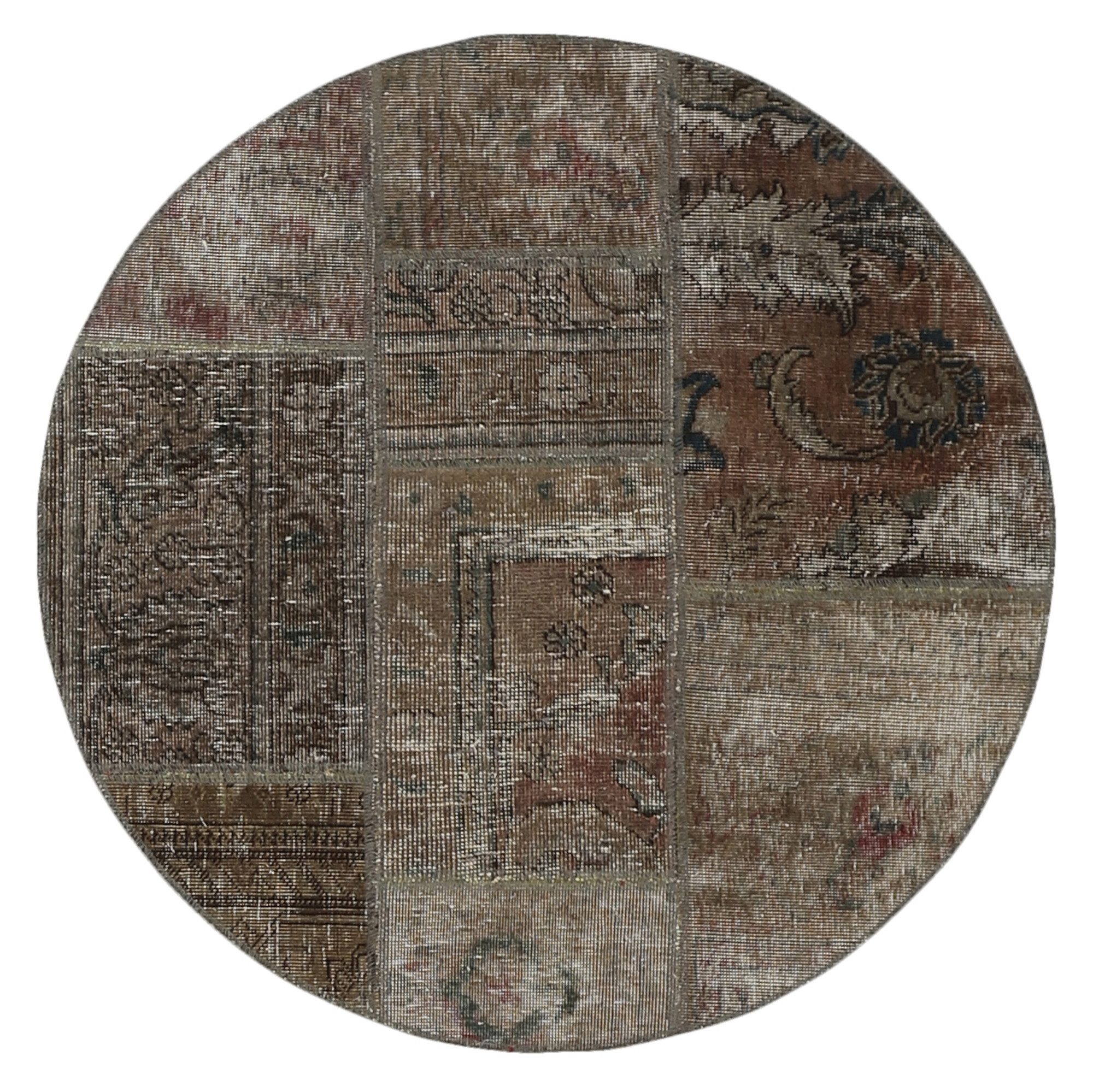 Wohnando Teppich MY-RUG Vintage Patch Work Floral & Ornamentiert 100x100cm, Rund, Höhe: 10 mm, Handgeknüpfter Teppich,Handgesponnene Wolle, mit Naturfarben gegärbt
