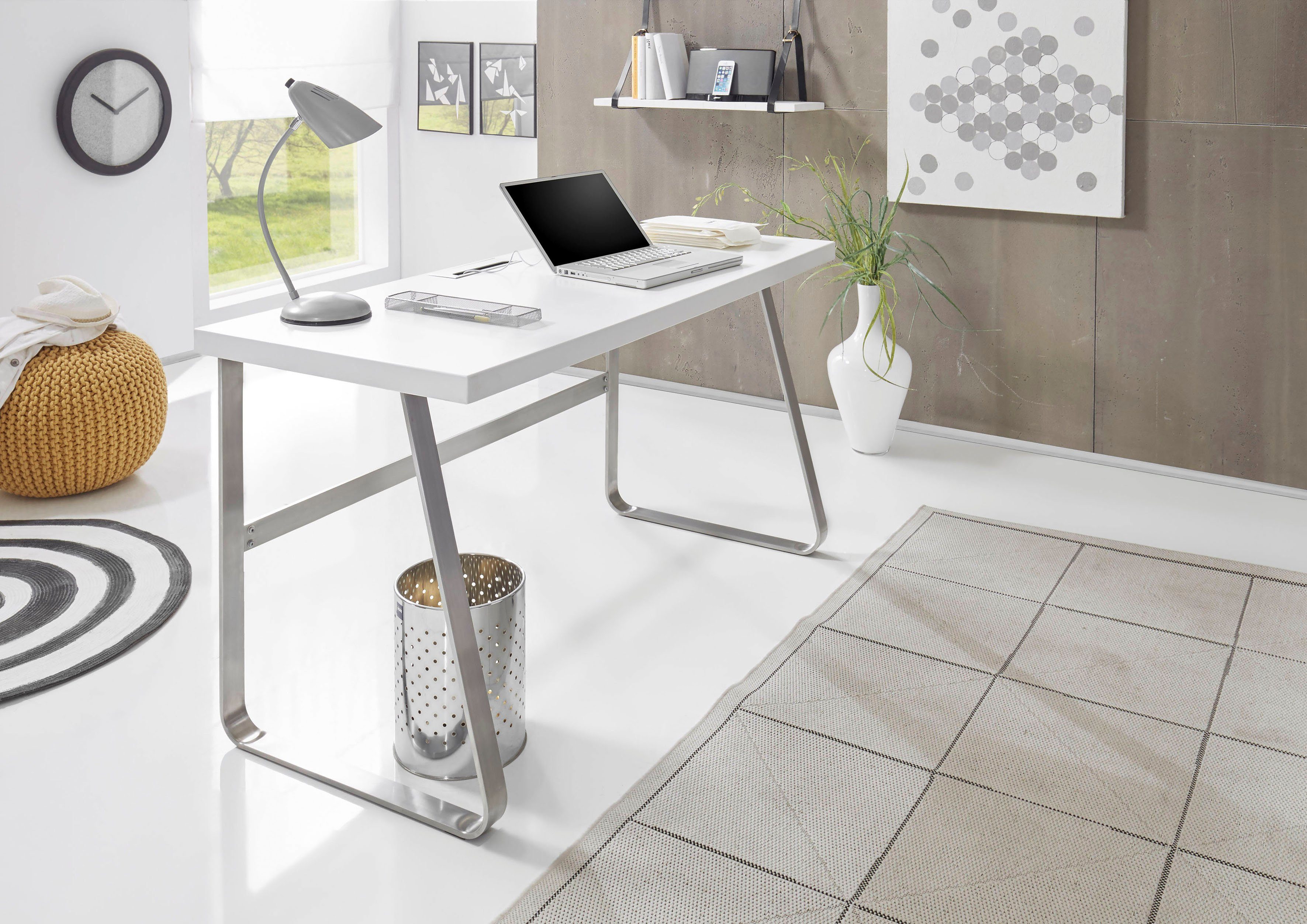 Schreibtisch mit Edelstahloptik MCA in | Beno, furniture cm 140 Weiß Breite Weiß Gestell