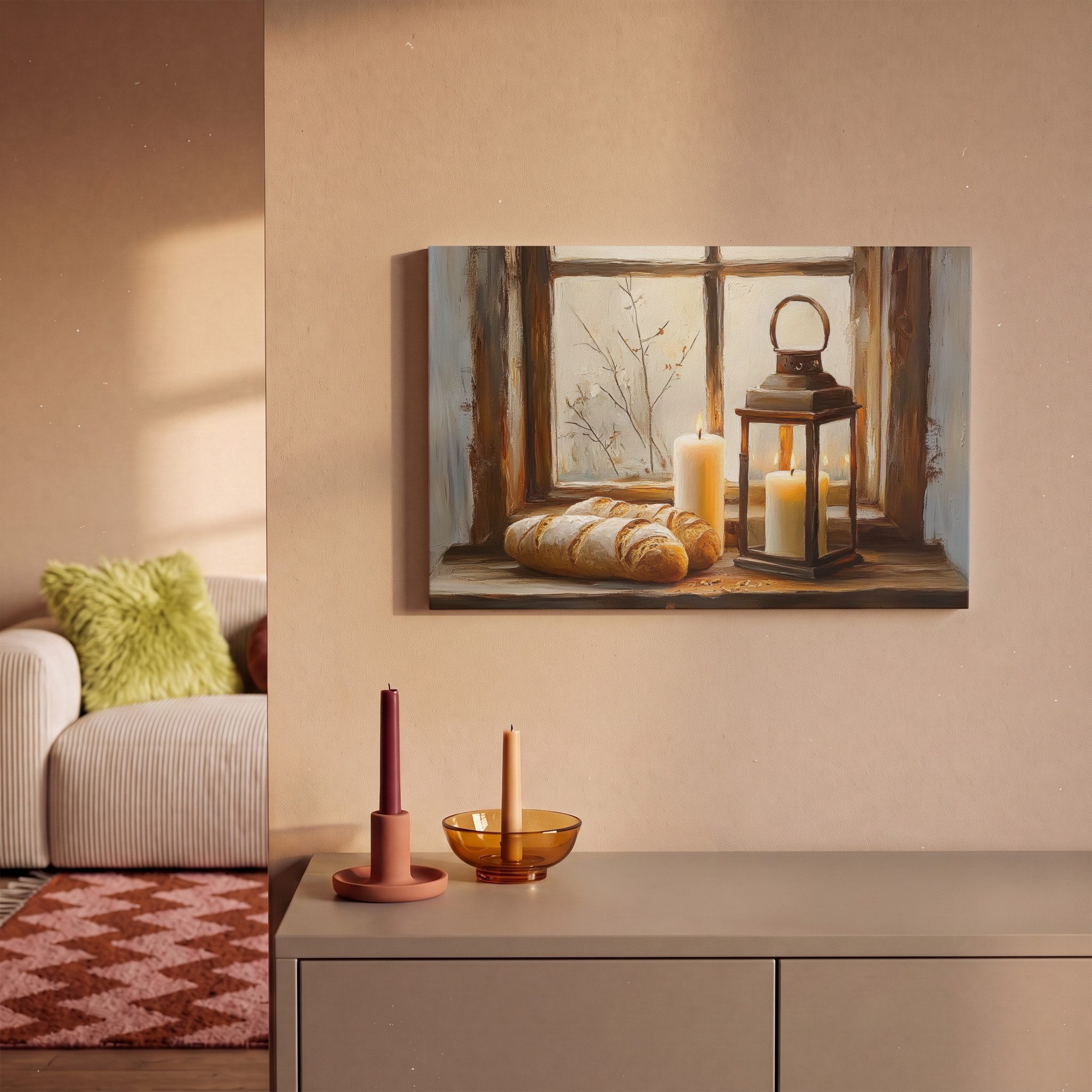 OneMillionCanvasses® Leinwandbild Stilleben - Rustikal - Kerzen - Brote - Fenster, Fotodruck (1 St), Leinwand Bilder Klein, Wand Dekoration Aesthetic 30x20 cm – Bild 2 von 5