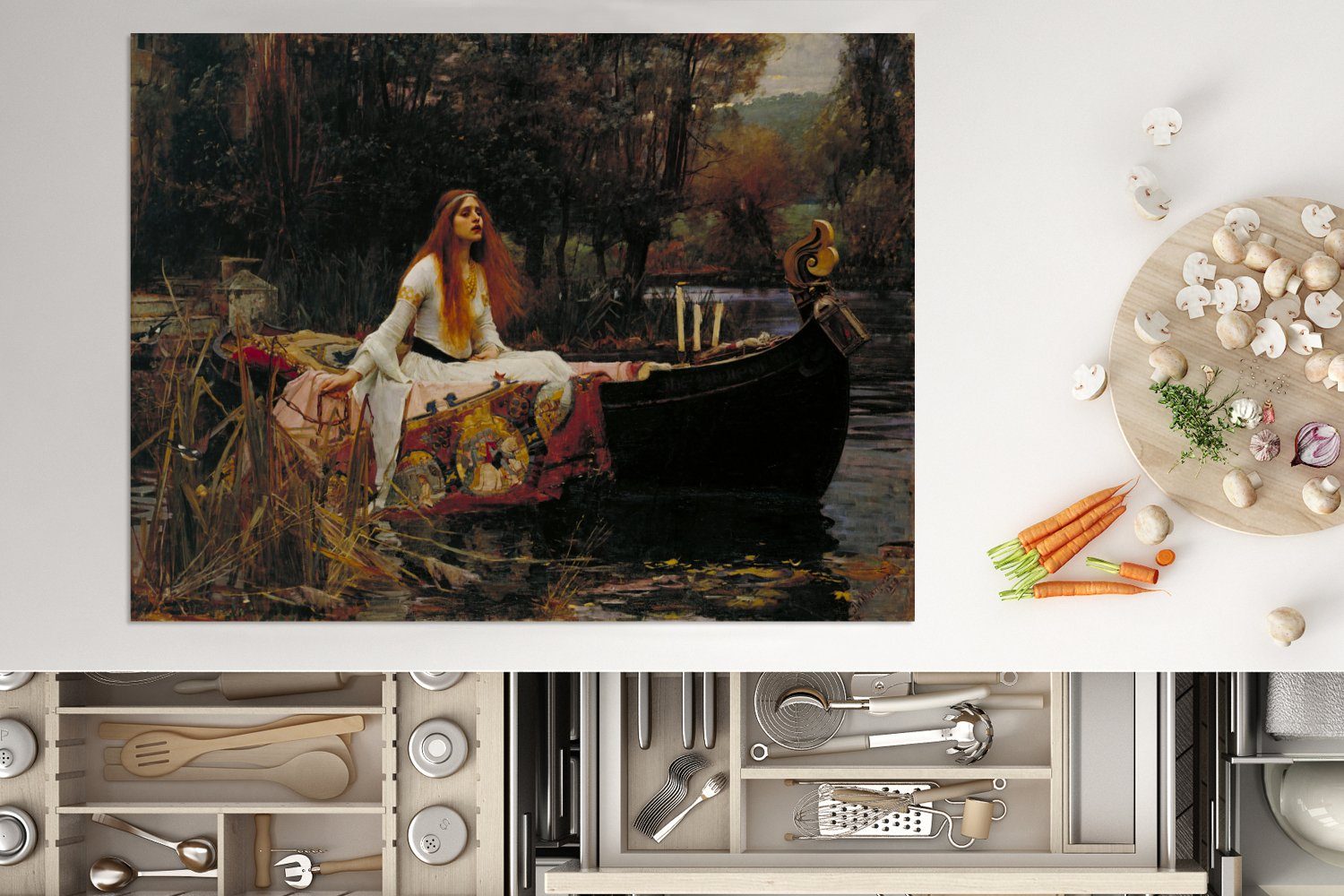 nutzbar, Mobile Gemälde 70x52 Ceranfeldabdeckung von Shalott (1 William Arbeitsfläche MuchoWow von Vinyl, cm, Waterhouse, Dame John Herdblende-/Abdeckplatte - tlg), Die